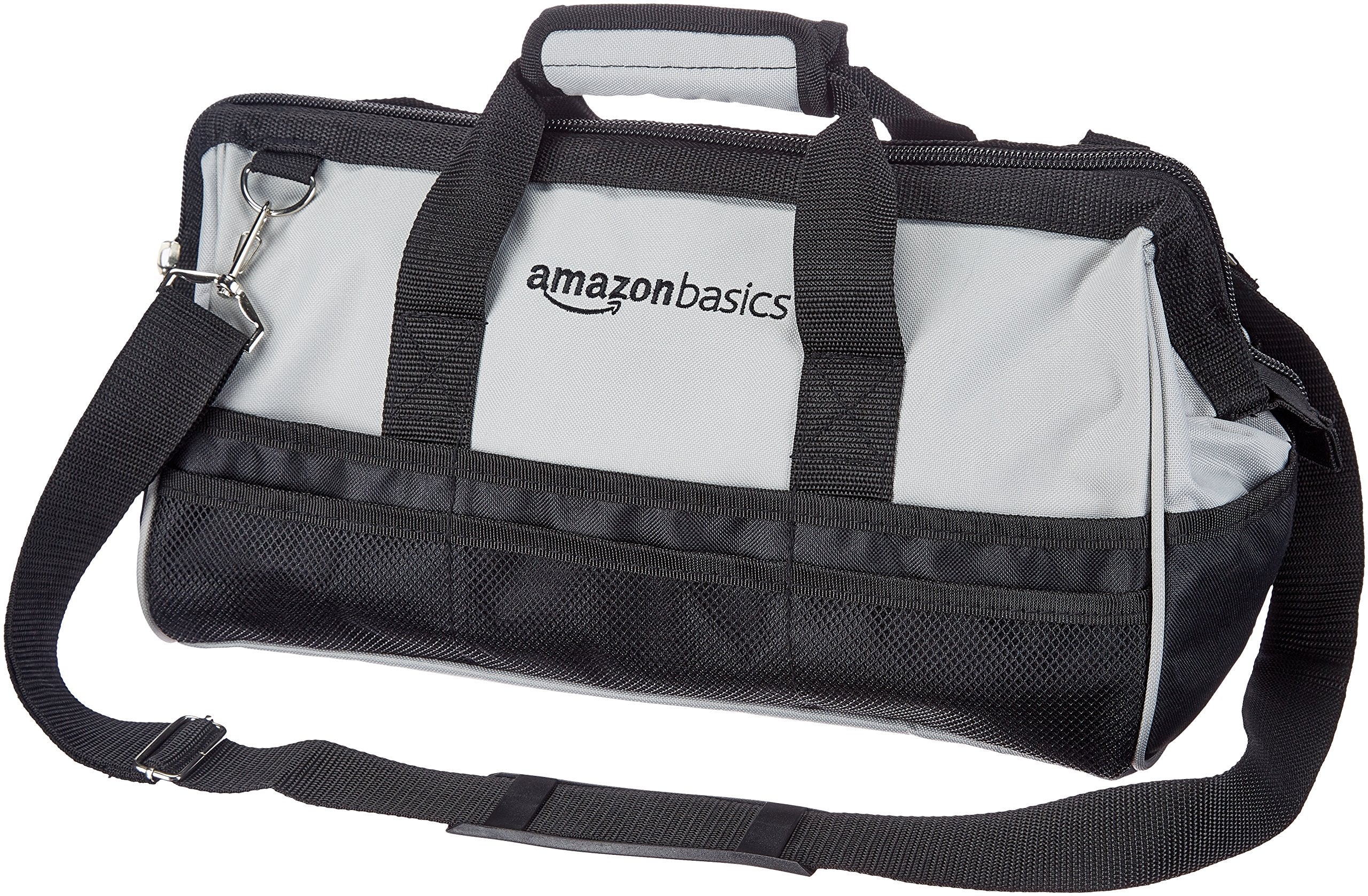 Amazon Basics Durable Wear-Resistant Tool Storage Bag with Adjustable Shoulder Strap, Portable Tool Organizer, 16 Pockets, 12 in, Black & Gray