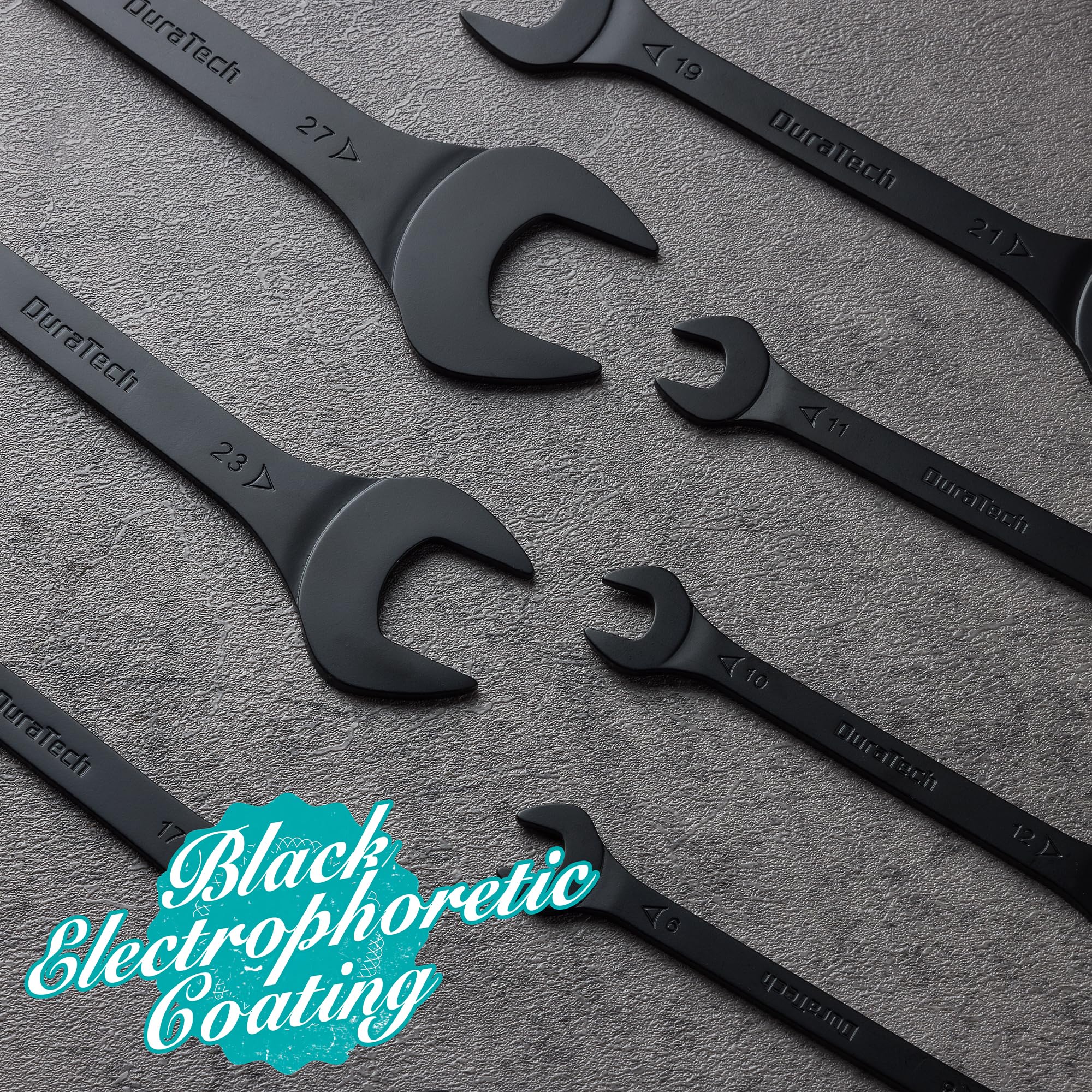 DURATECH Super-Thin Open End Wrench Set, Metric, 8-Piece, 5.5mm to 27mm, Black Electrophoretic Coating, with Rolling Pouch