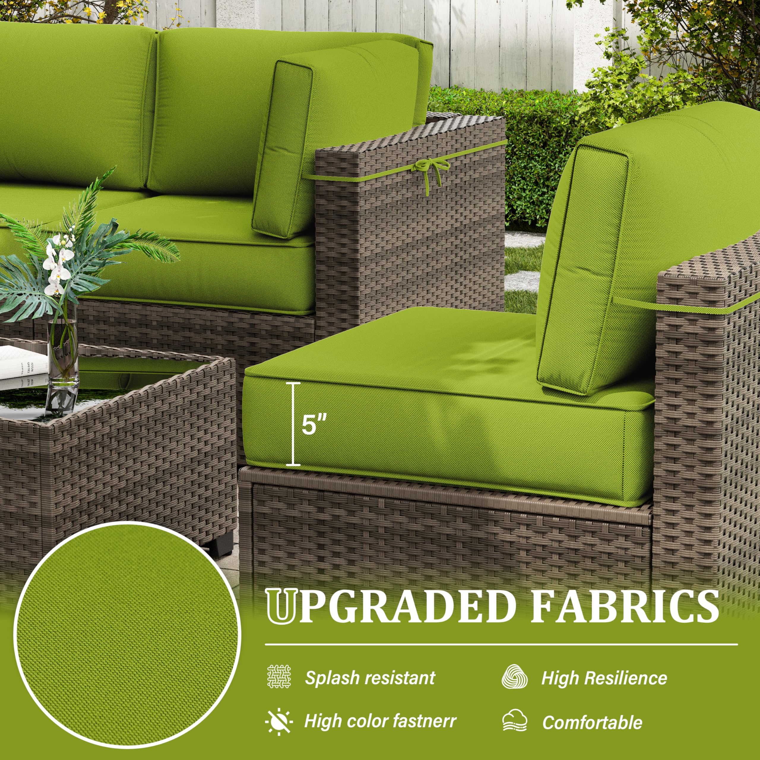 Outdoor Furniture Replacement Cushions, 5" Foam Foam High-Density, Fits 6-seat Sectional Rattan Conversation Set, 14 Piece Patio Water-Resistant Replacement Sofa Cushions, Liner&Cover