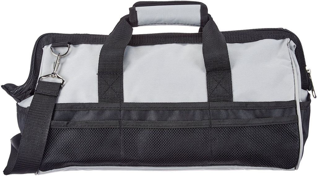 Amazon Basics Durable Wear-Resistant Tool Storage Bag with Adjustable Shoulder Strap, Portable Tool Organizer, 16 Pockets, 12 in, Black & Gray
