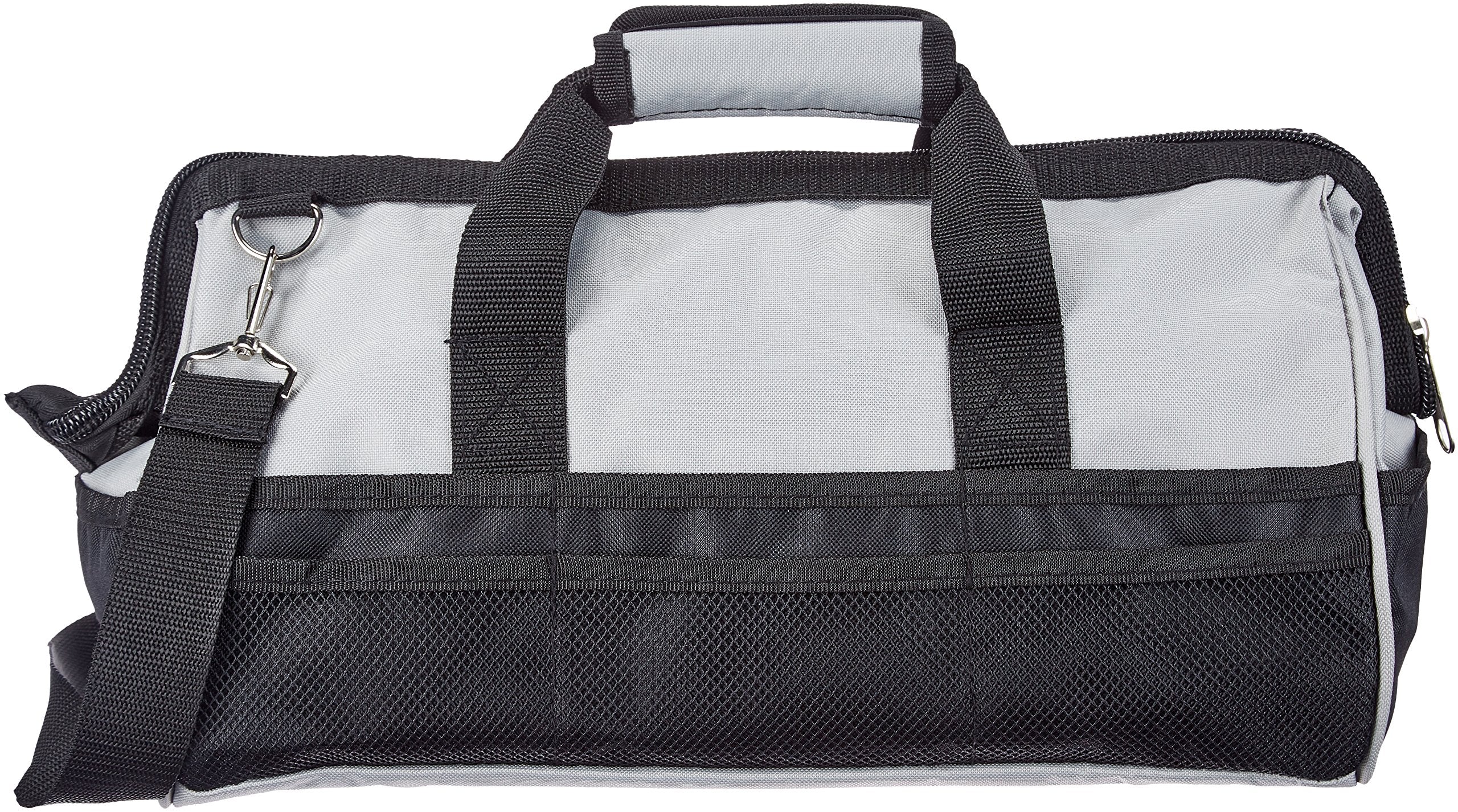 Amazon Basics Durable Wear-Resistant Tool Storage Bag with Adjustable Shoulder Strap, Portable Tool Organizer, 16 Pockets, 12 in, Black & Gray