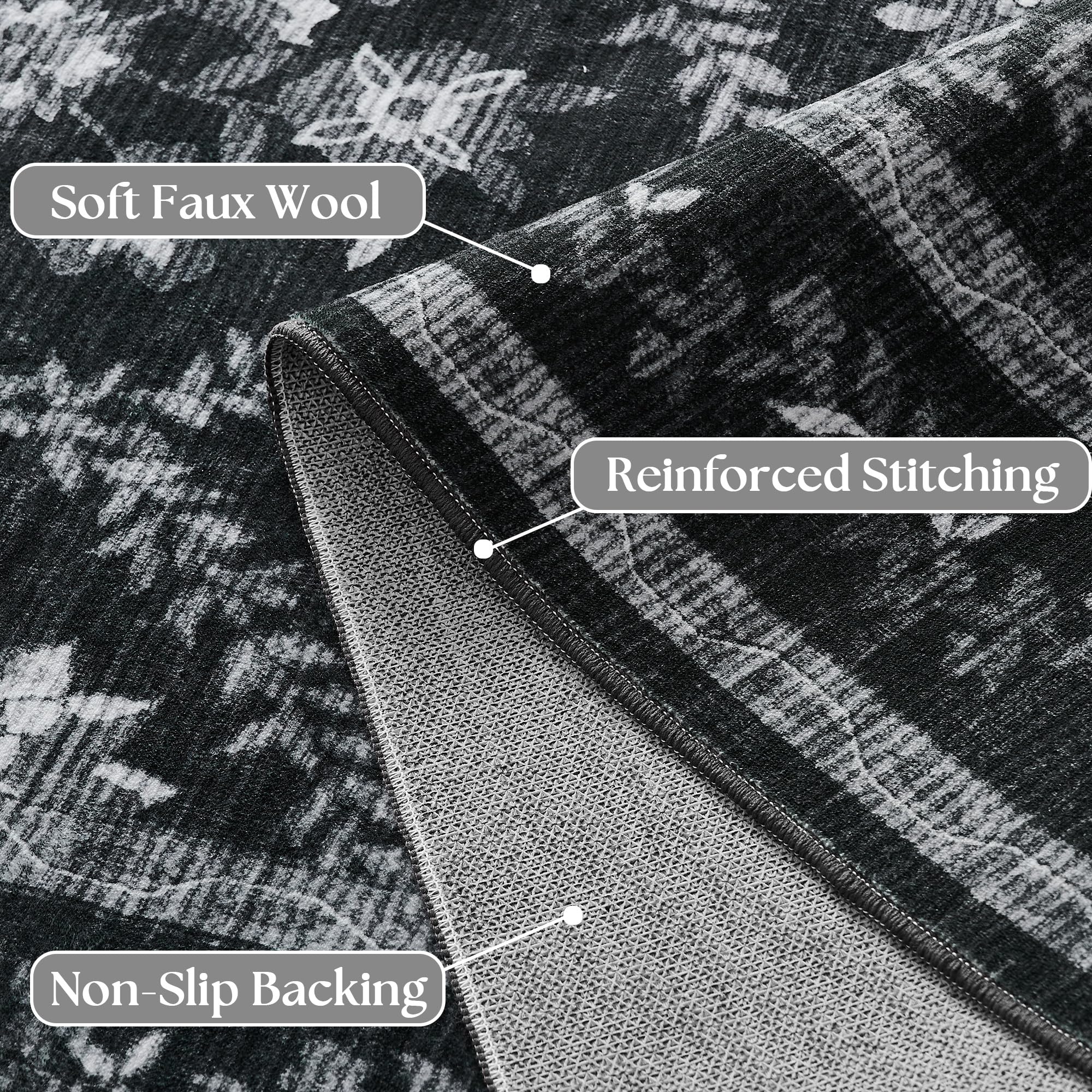 Black Floral Area Rug for Entryway 2x3 Washable Small Rug Low Pile Non Slip Distressed Entry Mat Soft Farmhouse Indoor Entrance Door Mat for Kitchen Bedroom Home Office Black Grey and White