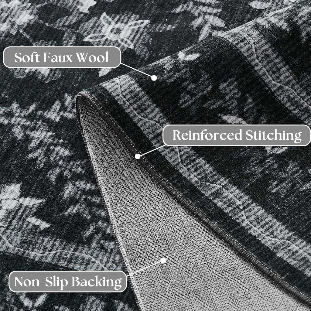 Black Floral Area Rug for Entryway 2x3 Washable Small Rug Low Pile Non Slip Distressed Entry Mat Soft Farmhouse Indoor Entrance Door Mat for Kitchen Bedroom Home Office Black Grey and White