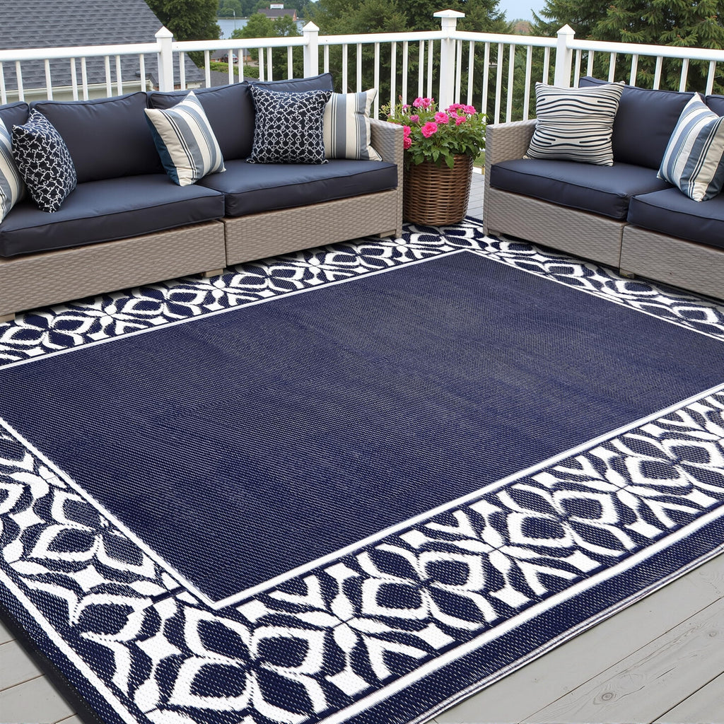 PureCozy Outdoor Plastic Straw Rug Black Beige Large Outside Waterproof Outdoor Patio 5x8 Carpet Geometric Reversible Mat Modern for Camping RV Porch Deck Balcony Beach