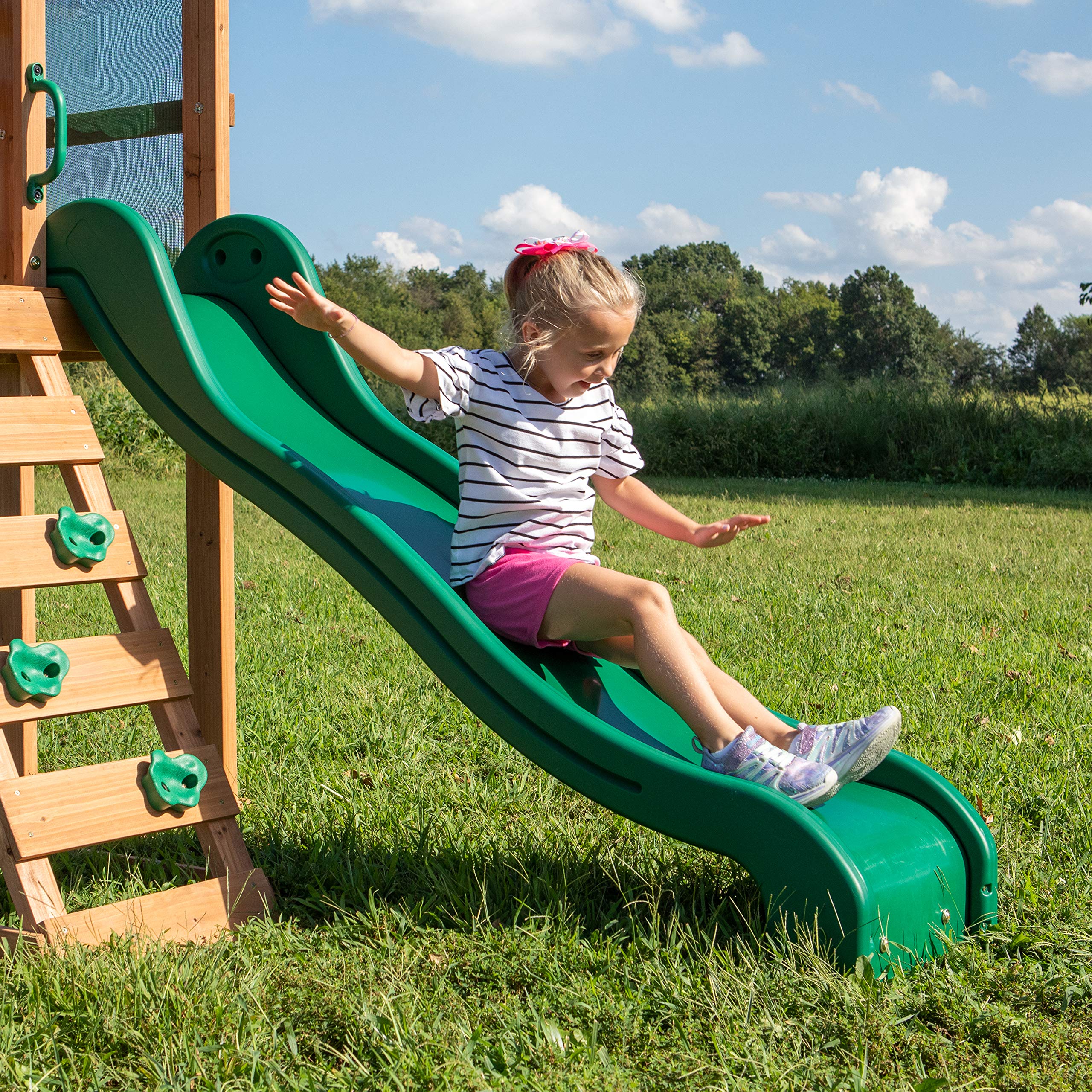 Backyard Discovery Bay Pointe Cedar Wood Swing Set with Wave Slide, Play Deck, Rock Wall Ladder, Belt Swings, Chalkboard, Canopy Roof, Outdoor Playset