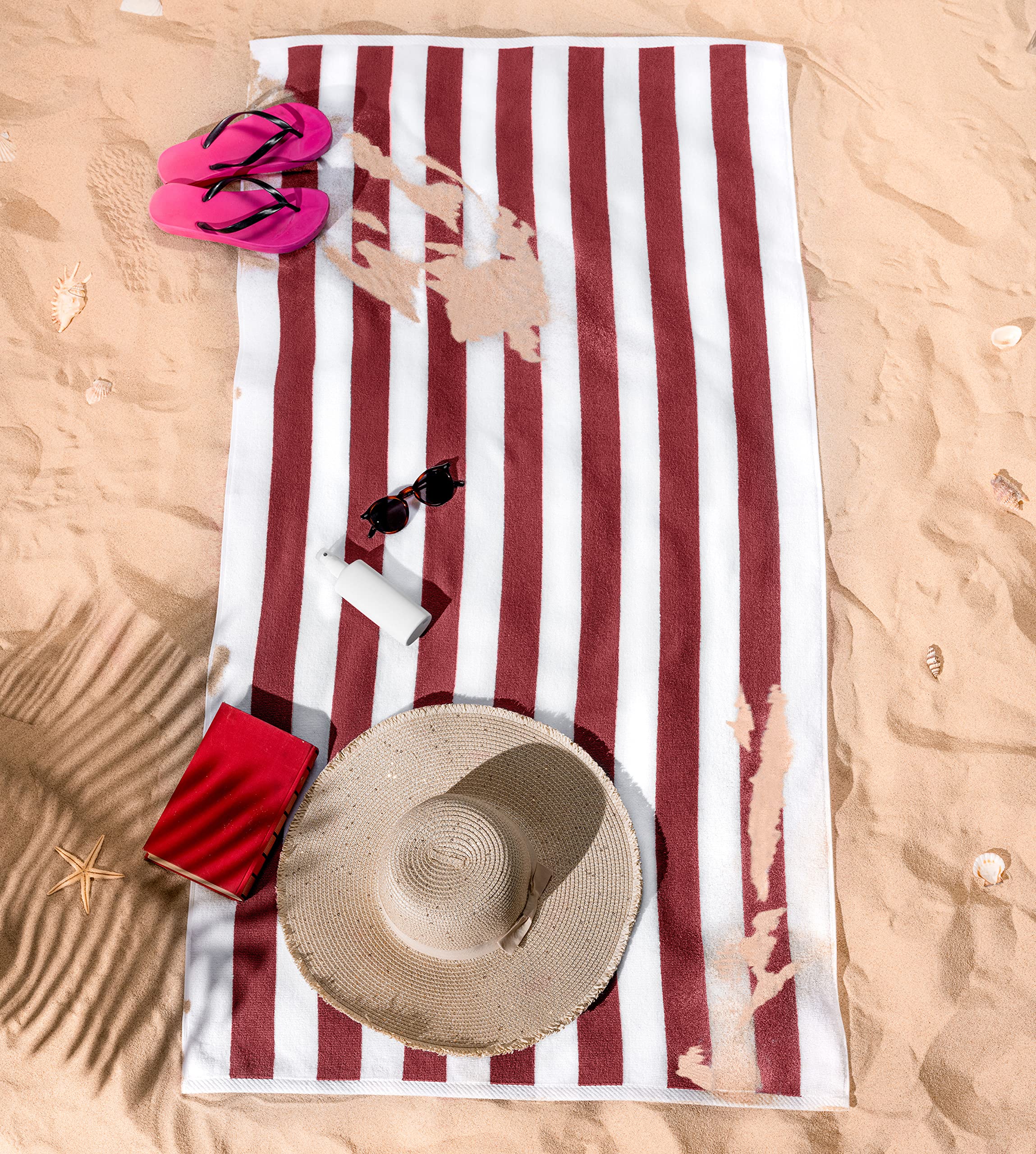 American Soft Linen Cabana Striped Beach Towels, 30x60 inch 4 Piece Oversize Pool Towels, Quick Drying Sand Free Swim Towels, Beige