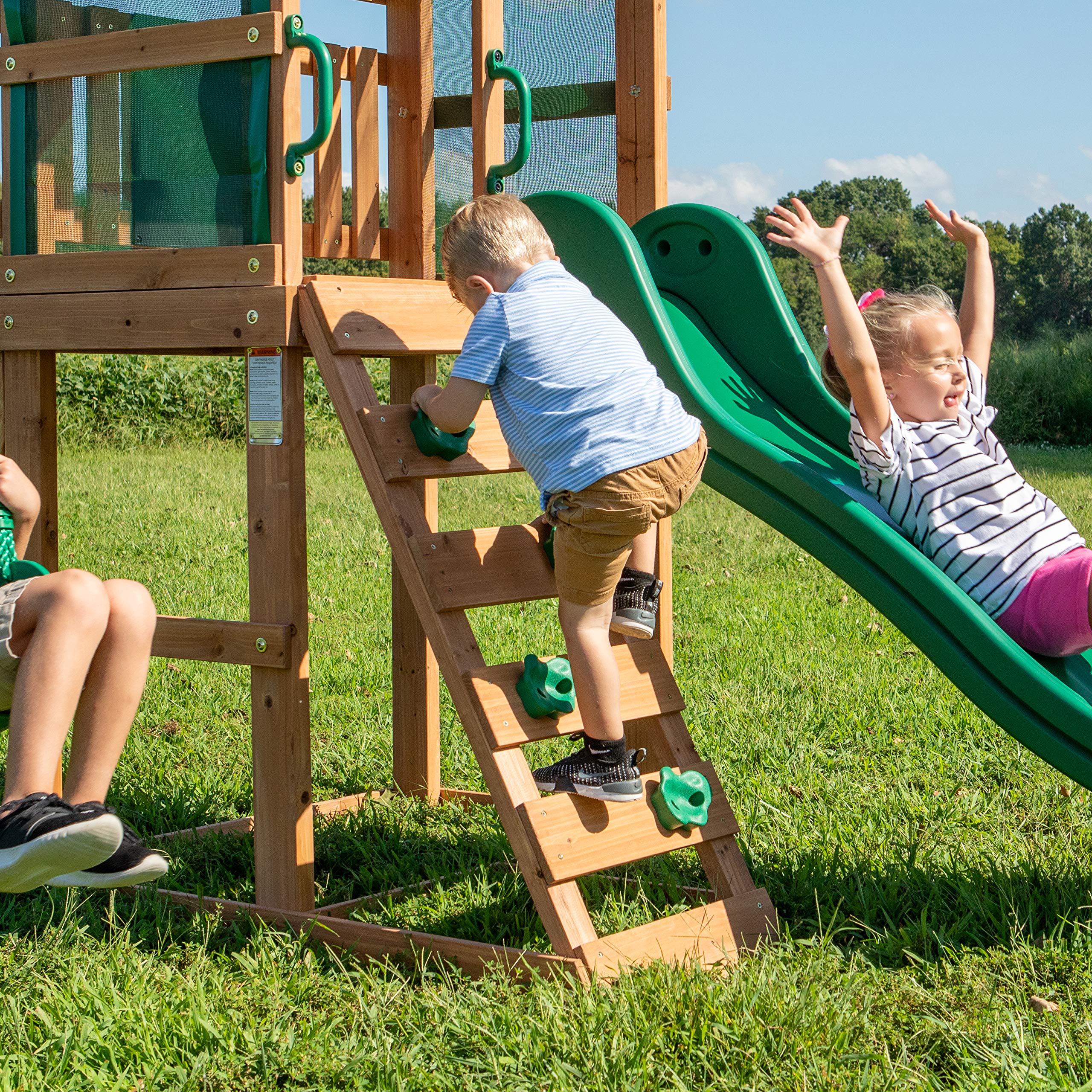 Backyard Discovery Bay Pointe Cedar Wood Swing Set with Wave Slide, Play Deck, Rock Wall Ladder, Belt Swings, Chalkboard, Canopy Roof, Outdoor Playset