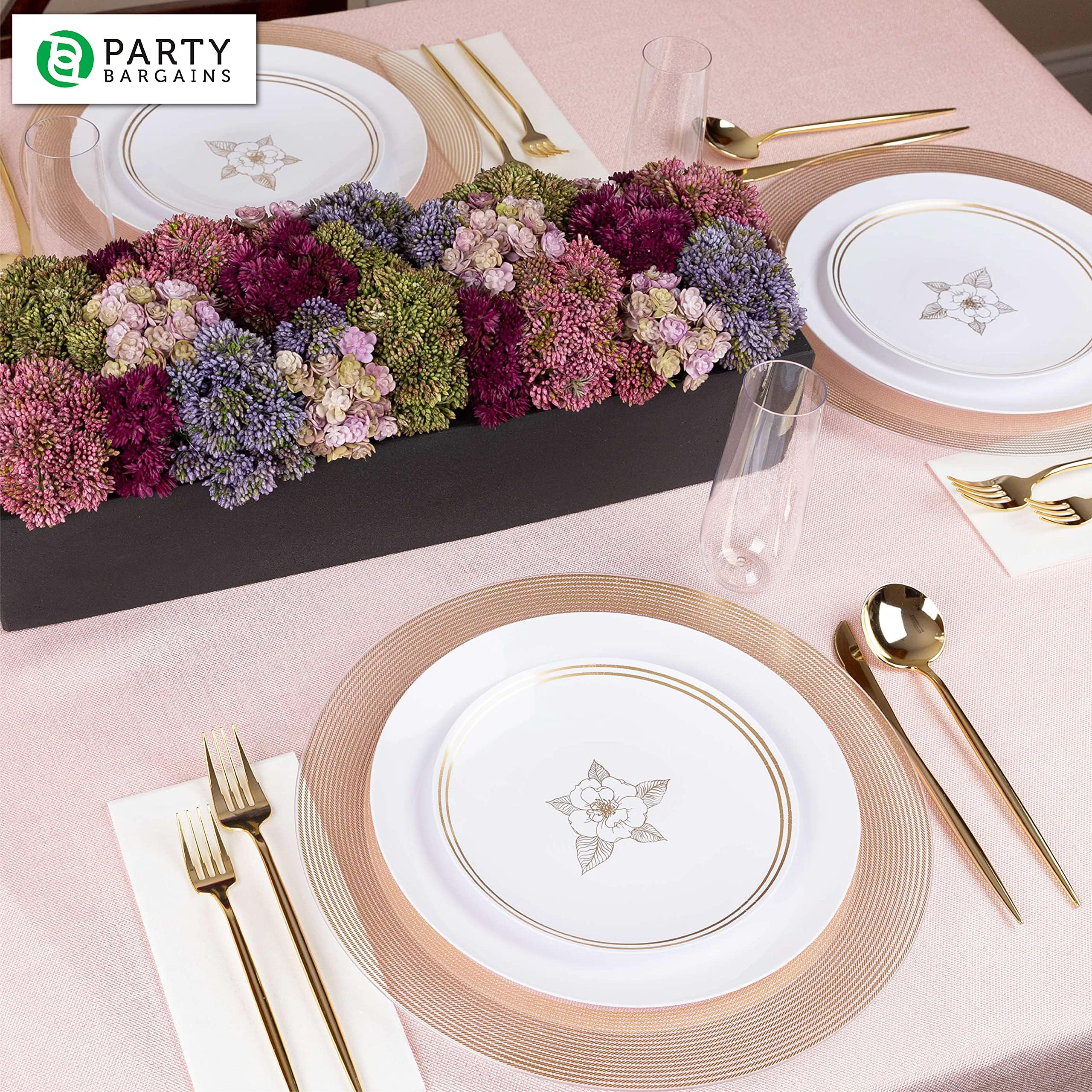 PARTY BARGAINS 13-Inch Charger Plates - 96 Pack, Clear Gold Rim, Heavy-Duty Disposable Chargers for Elegant Dining - Ideal for Weddings and Formal Events
