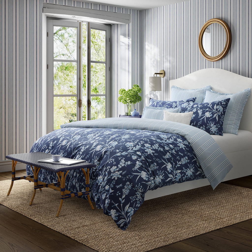 Laura Ashley - Duvet Set, Super Soft & Cozy Bedding, Includes Matching Shams & Bonus Throw Pillow Covers, Coquette Room Decor (Hope Patchwork Blue, Twin)