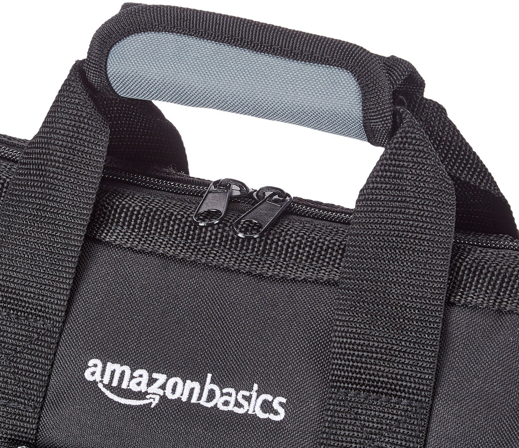 Amazon Basics Durable Wear-Resistant Tool Storage Bag with Adjustable Shoulder Strap, Portable Tool Organizer, 16 Pockets, 12 in, Black & Gray