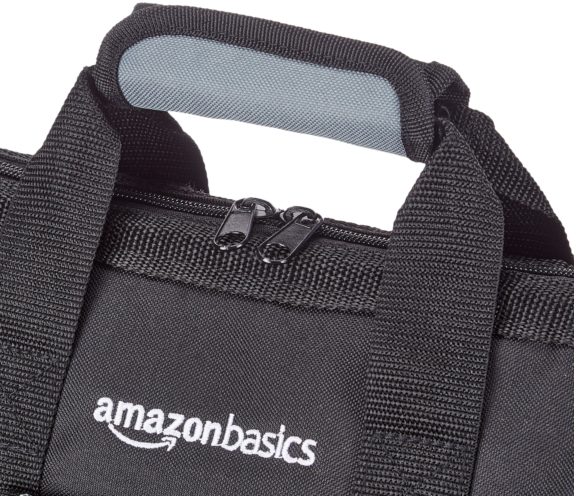 Amazon Basics Durable Wear-Resistant Tool Storage Bag with Adjustable Shoulder Strap, Portable Tool Organizer, 16 Pockets, 12 in, Black & Gray