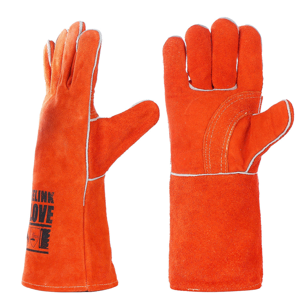 QeeLink Welding Gloves - Heat Resistant Leather and Fireproof Stitching for Fireplace Fire Pit Wood Stove BBQ Gardening Gear