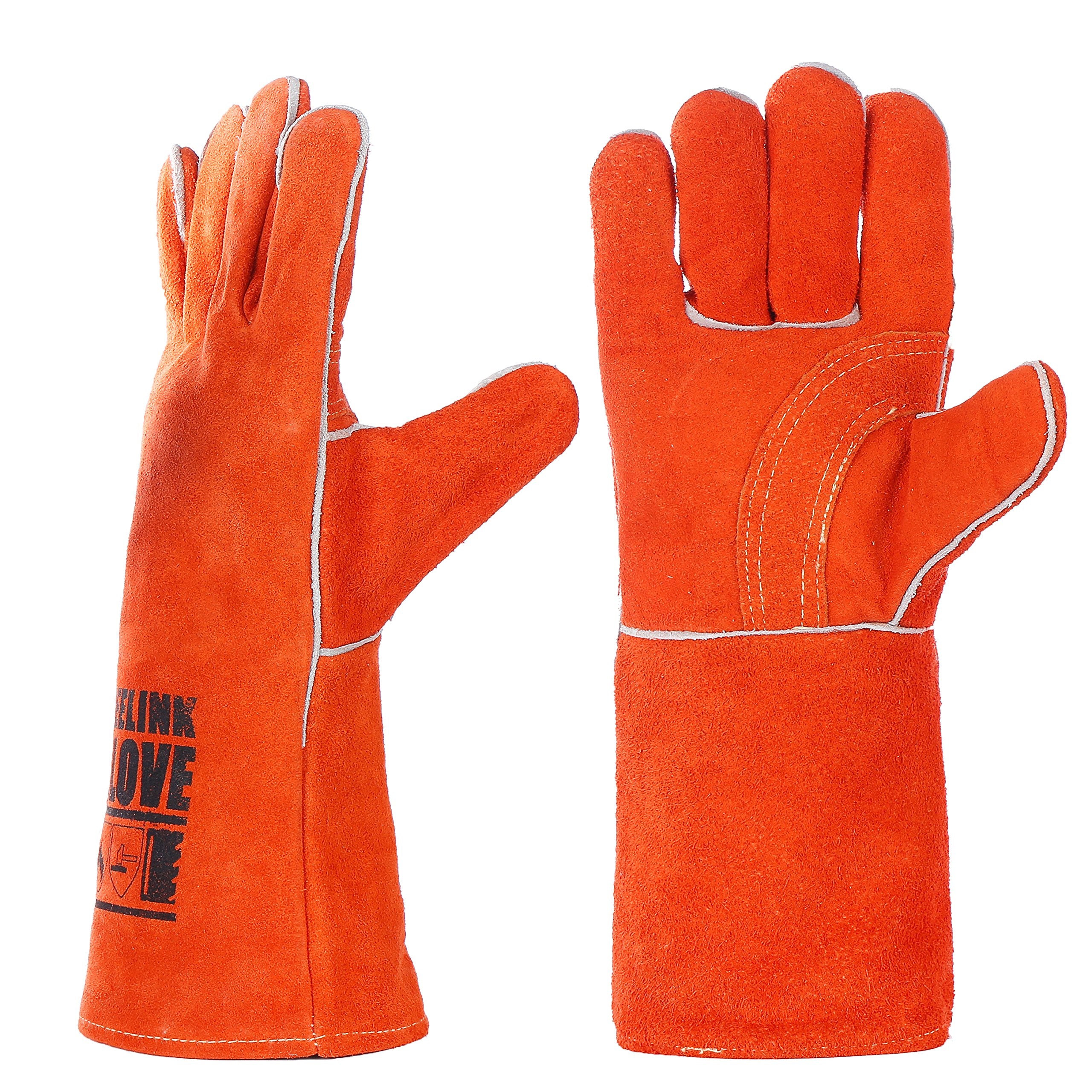 QeeLink Welding Gloves - Heat Resistant Leather and Fireproof Stitching for Fireplace Fire Pit Wood Stove BBQ Gardening Gear