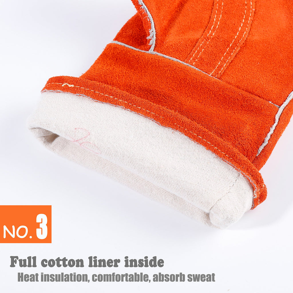 QeeLink Welding Gloves - Heat Resistant Leather and Fireproof Stitching for Fireplace Fire Pit Wood Stove BBQ Gardening Gear