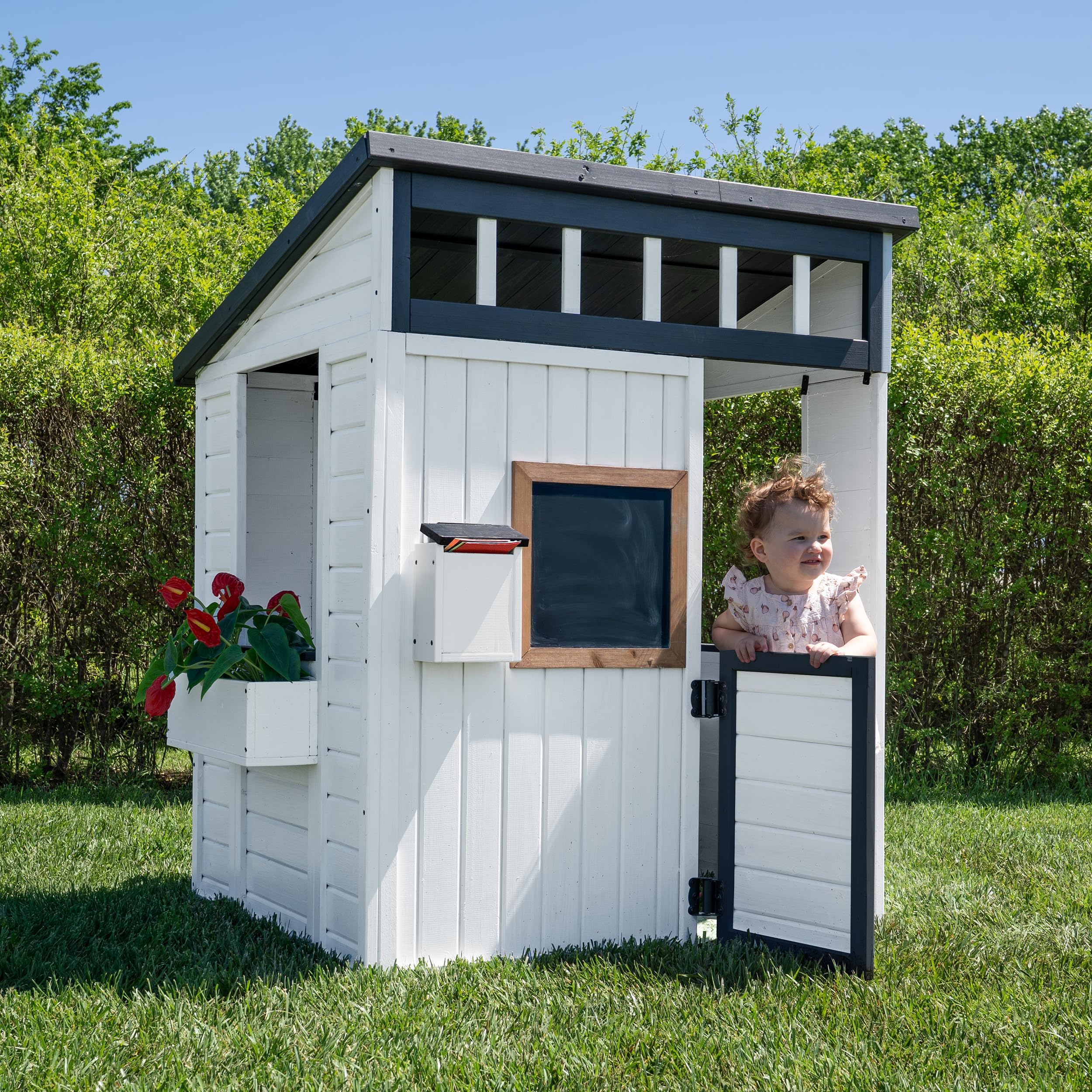 Backyard Discovery Caraway Cottage Cedar Wooden Kids Playhouse with Play Kitchen, Chalkboard, Mailbox, Half Door, Windows, Flower Box, Modern Farmhouse Design for Outdoor Imaginative Play