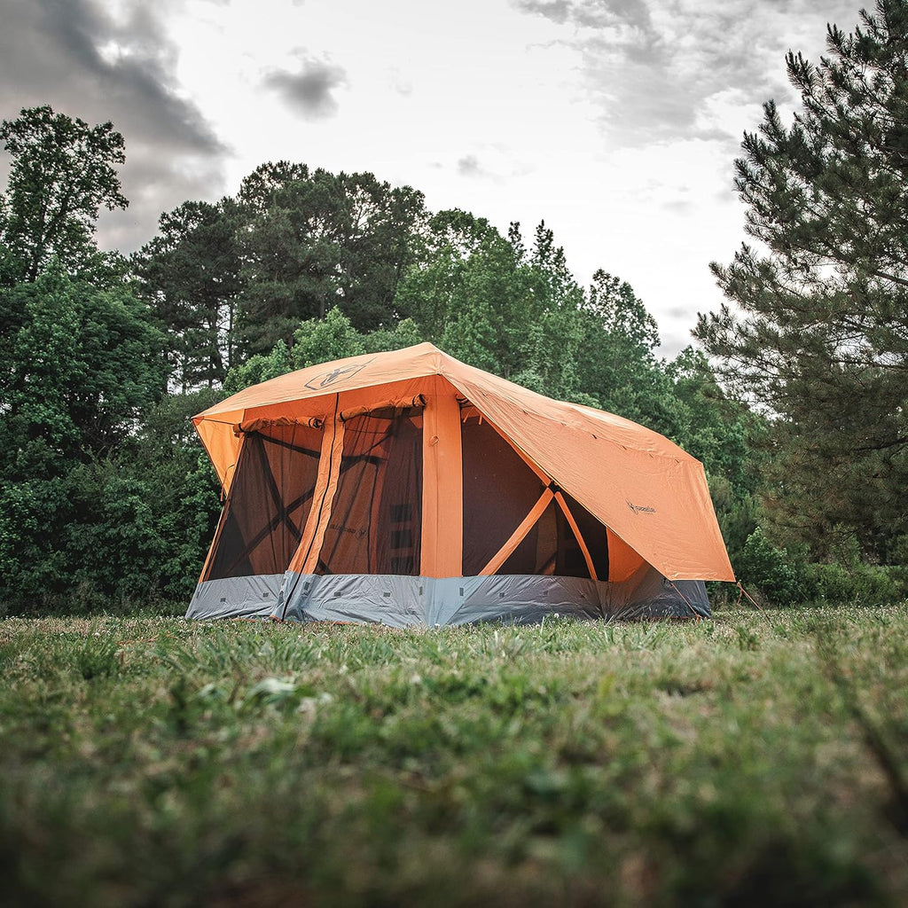 Gazelle T4 Plus Extra Large 4 to 8 Person Portable Pop Up Outdoor Shelter Camping Hub Tent with Rain Fly & Extended Screened in Sun Room, Orange