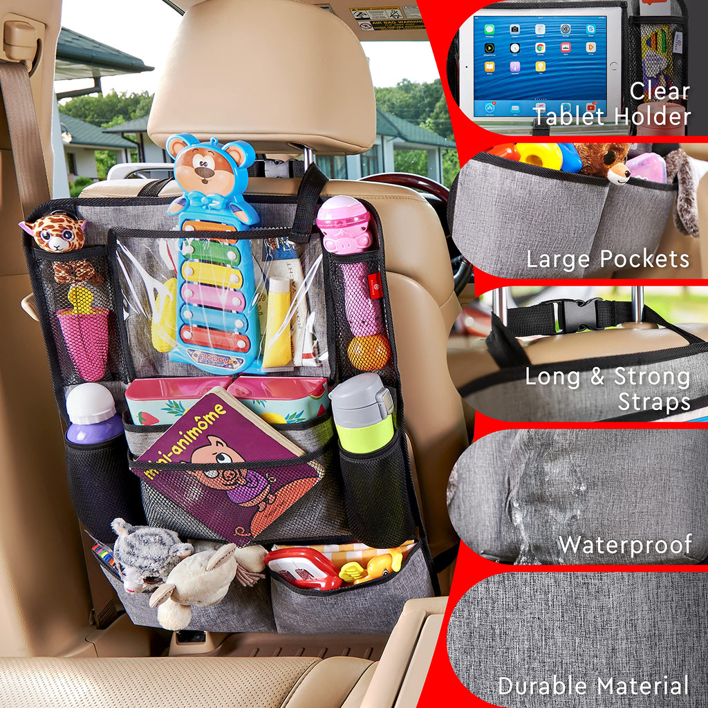 Helteko Backseat Car Organizer, Kick Mats Back Seat Protector with Touch Screen Tablet Holder, Back Seat Organizer for Kids, Travel Accessories with 9 Storage Pockets 2 Pack, Black