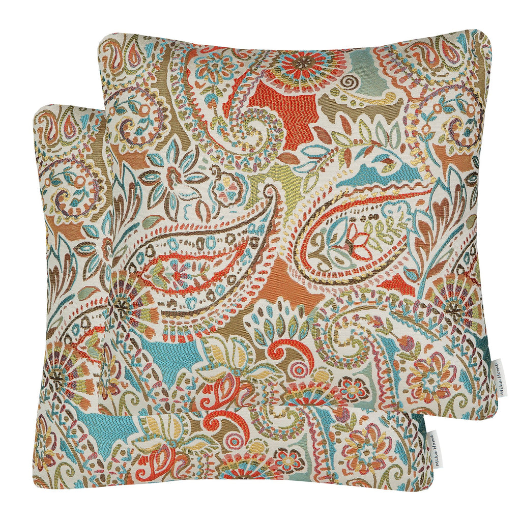 Mika Home Pack of 2 Decorative Pillow Covers Throw Pillow Cases,Paisley Pattern,18X18 Inches,Blue Brown Cream Multicolor
