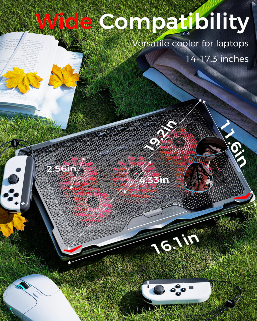 AICHESON Laptop Cooling Pad 5 Fans Up to 17.3 Inch Heavy Notebook Cooler, Blue LED Lights, 2 USB Ports, S035, Blue-5fans