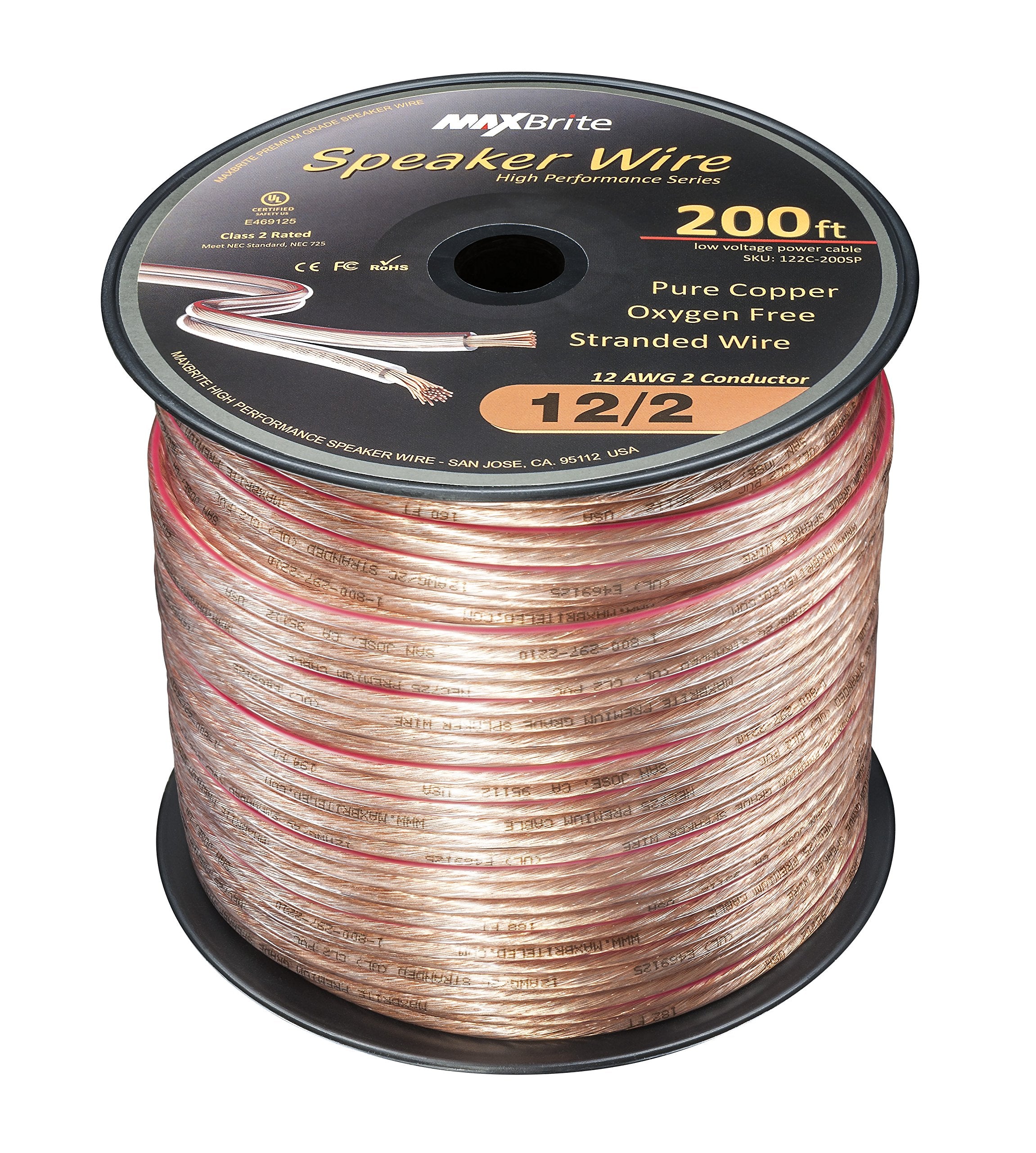 50 ft. Spool High Performance 12 Gauge Speaker Wire, Oxygen Free Pure Copper - UL Listed Class 2