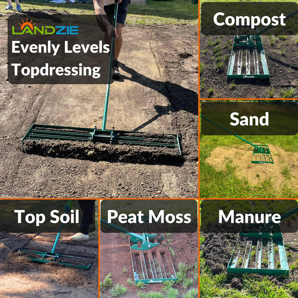 LANDZIE - The Original Lawn Leveling Rake – 24" Steel Handle Yard Leveler, Lawn Level Tool for Creating a Flat Surface - Works for Soil, Dirt, Topdressing, and Ground