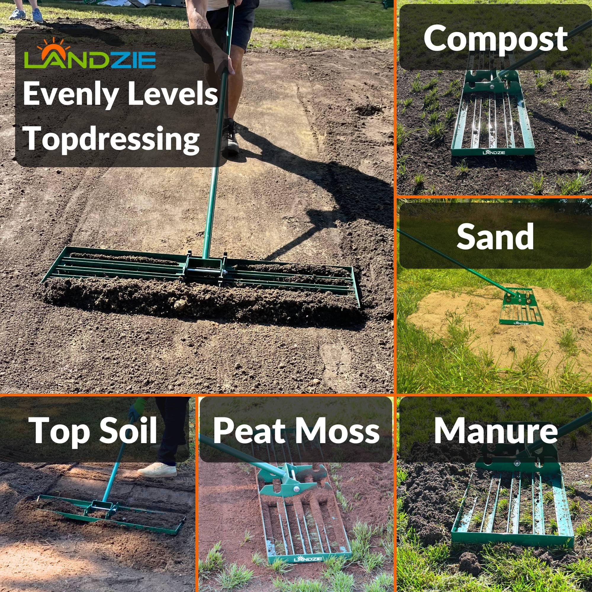 LANDZIE - The Original Lawn Leveling Rake – 24" Steel Handle Yard Leveler, Lawn Level Tool for Creating a Flat Surface - Works for Soil, Dirt, Topdressing, and Ground