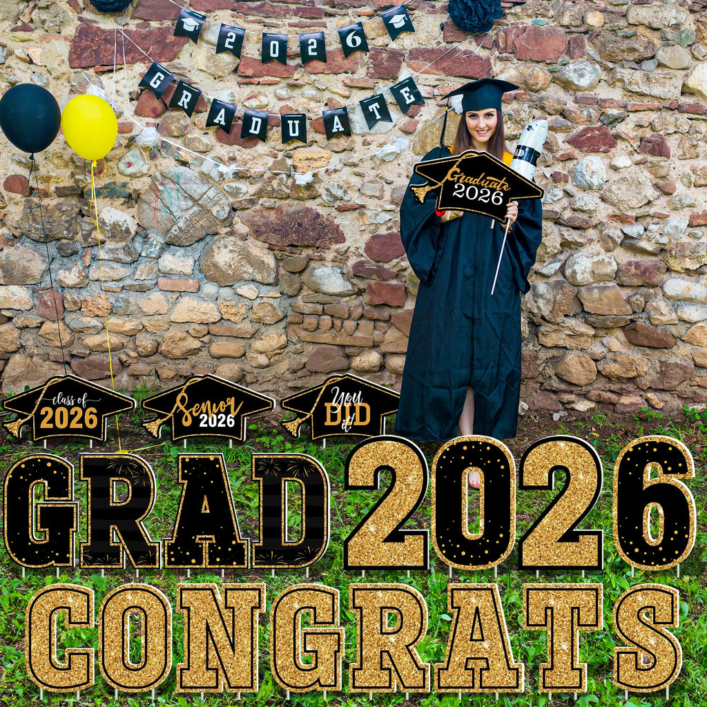 HOVACY 20 PCS Black Gold Graduation Yard Signs Class of 2026 | Black Gold 20 PCS, 40 Stakes, 11.57 x 16.14 in, Corrugated Plastic, Waterproof, Congrats Grad Sign, Graduation Sign