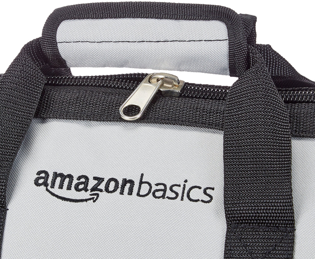Amazon Basics Durable Wear-Resistant Tool Storage Bag with Adjustable Shoulder Strap, Portable Tool Organizer, 16 Pockets, 12 in, Black & Gray