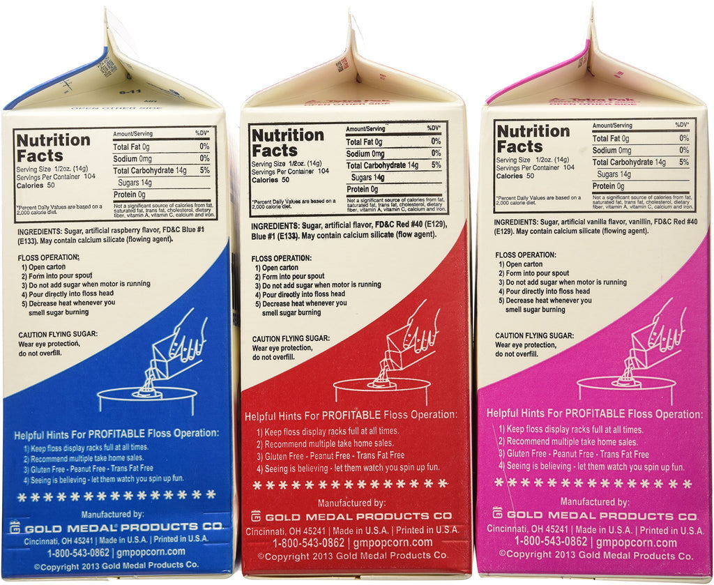 Cotton Candy Floss Sugar-Blue Raspberry, Pink Vanilla & Grape-1/2 Gallon-three Pack