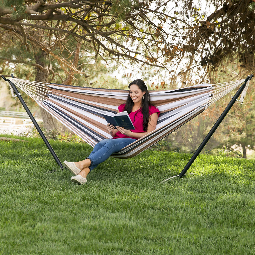 Best Choice Products Double Hammock with Steel Stand, Indoor Outdoor Brazilian-Style Cotton Bed w/Carrying Bag, 2-Person Capacity - Abyss