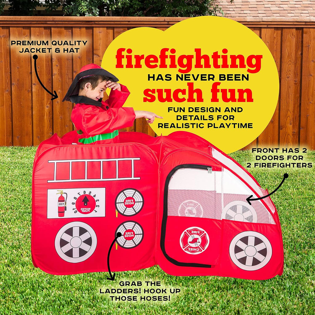 Kiddey Fire Truck Tent for Kids | Firetruck Play Tents with Sirens and Fireman Sounds for Girls, Boys, & Toddlers Gifts | Red Fire Engine Pop Up Playhouse with Costume | Indoor & Outdoor Baby Tent