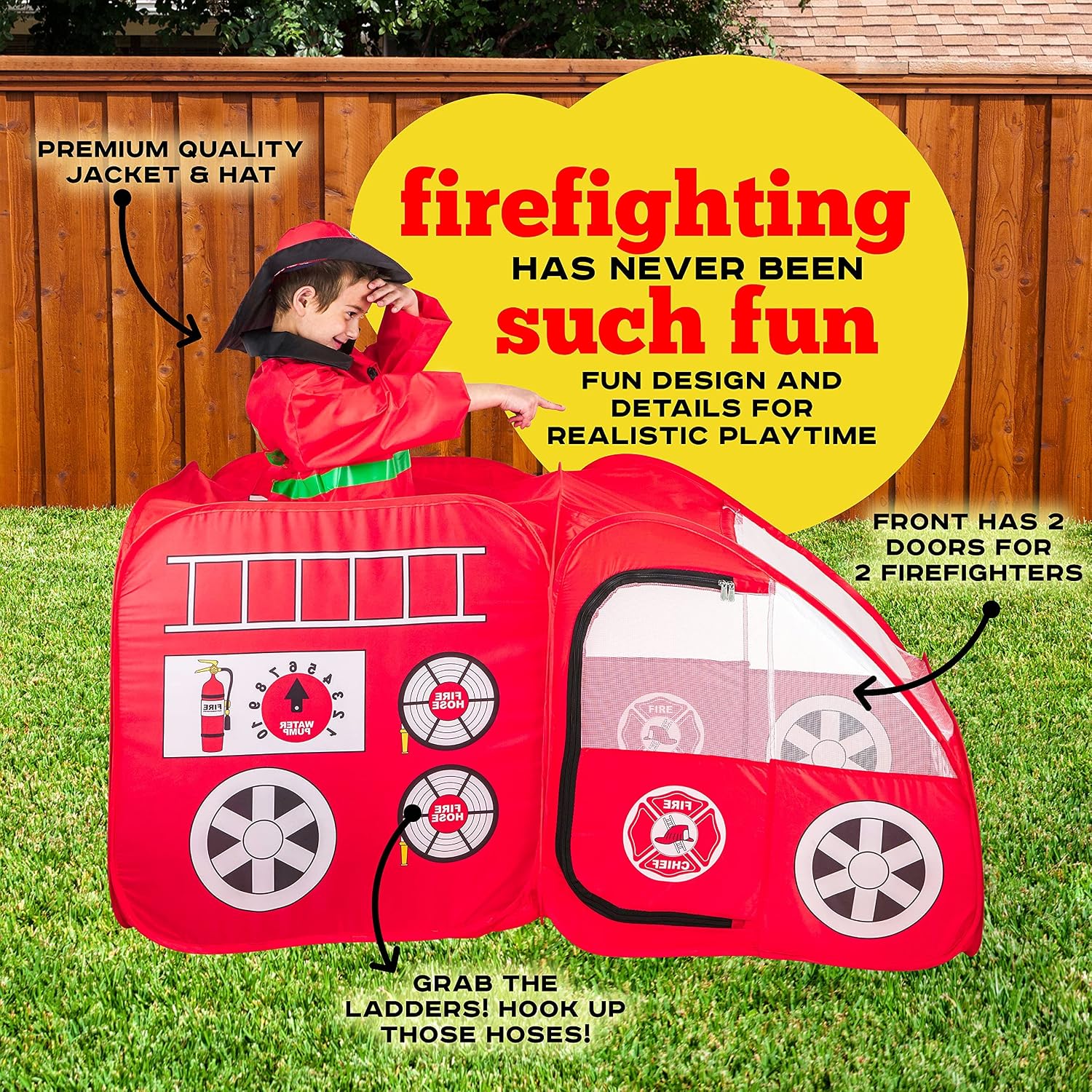 Kiddey Fire Truck Tent for Kids | Firetruck Play Tents with Sirens and Fireman Sounds for Girls, Boys, & Toddlers Gifts | Red Fire Engine Pop Up Playhouse with Costume | Indoor & Outdoor Baby Tent
