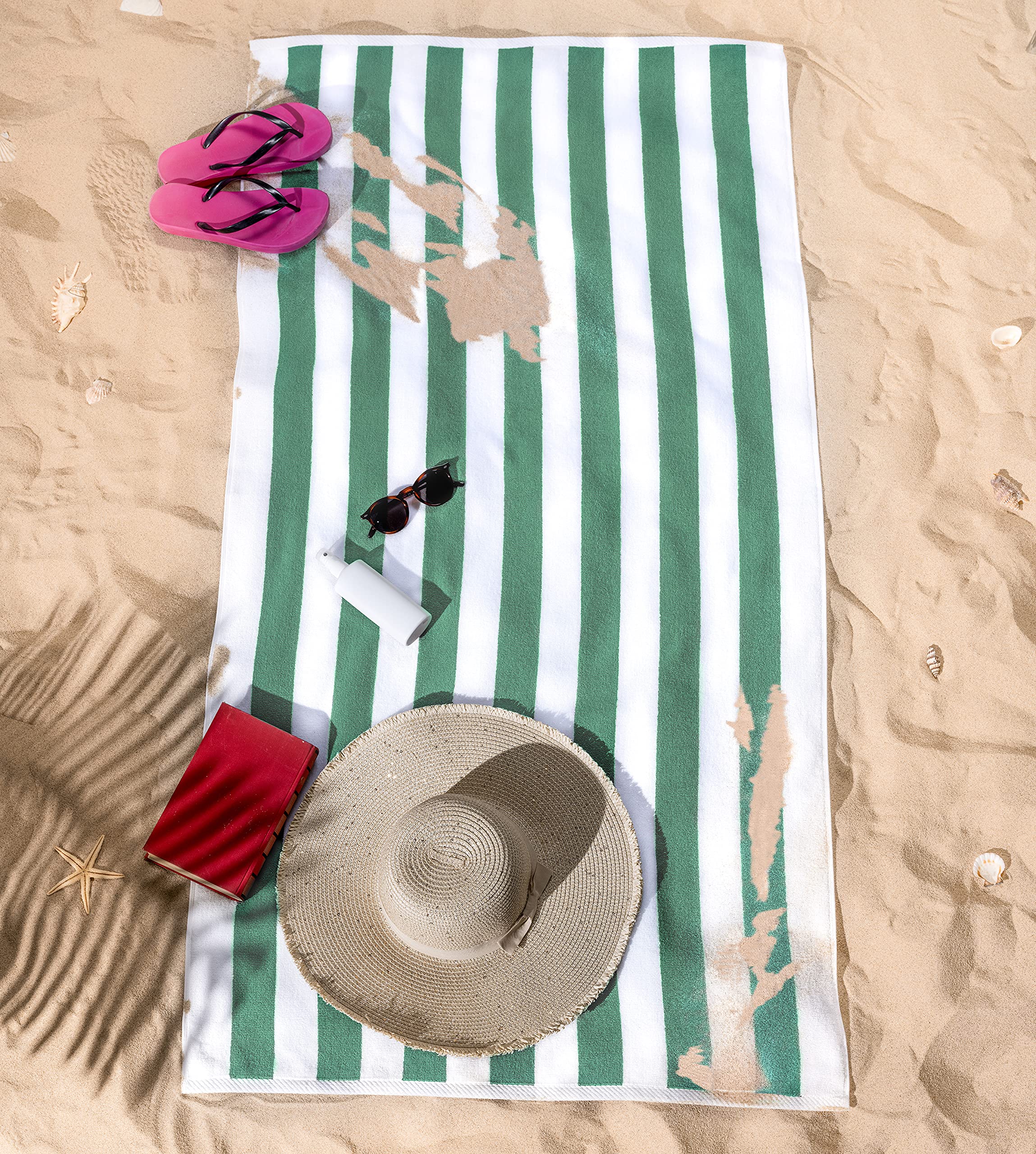 American Soft Linen Cabana Striped Beach Towels, 30x60 inch 4 Piece Oversize Pool Towels, Quick Drying Sand Free Swim Towels, Beige