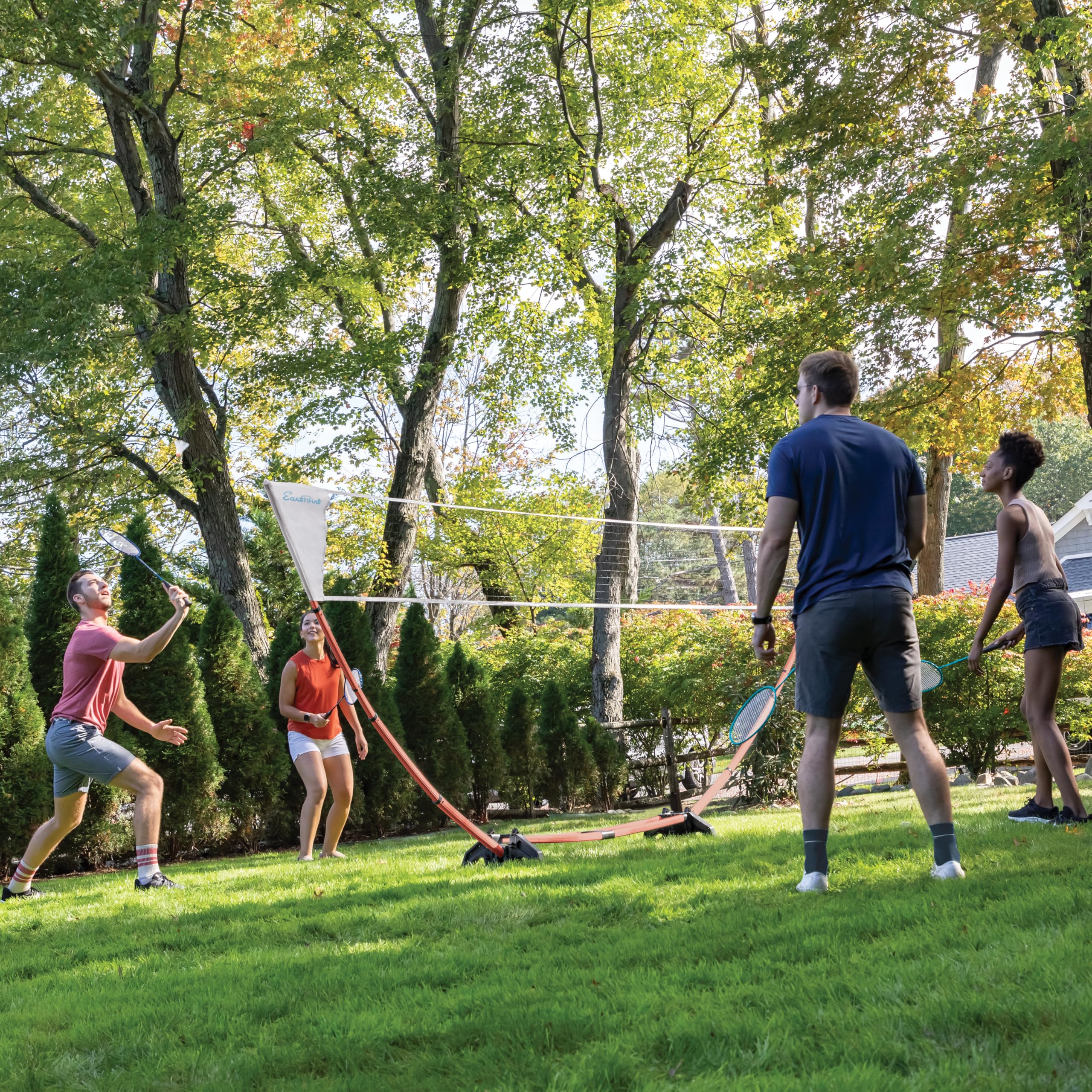 EastPoint Easy Setup Badminton Set - 15 ft Net, 4 Rackets, 2 Shuttlecocks - Quick Setup Net for Backyard Games - Steel Shaft Badminton Rackets for Family Games - Durable Shuttlecocks for Outdoors