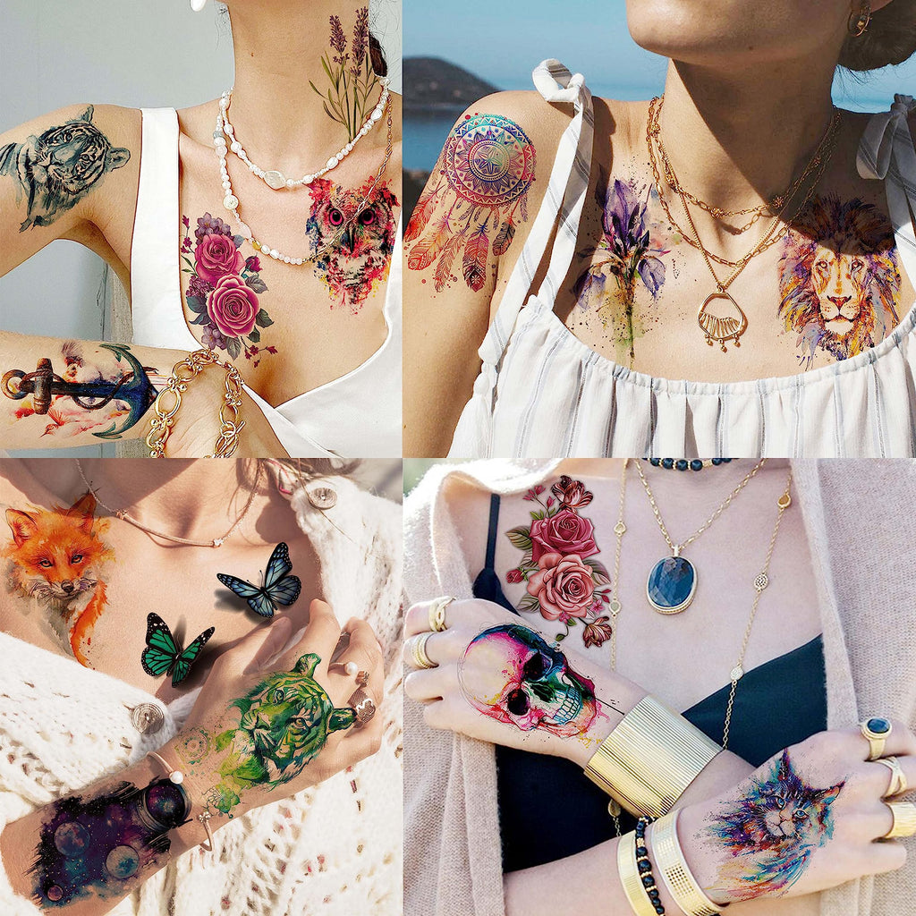 EGMBGM 52 Sheets Tiny Small Temporary Tattoos For Kids Boys Girls, Tribal Animals Butterfly Anchor Compass Tattoo Stickers For Men Women, 3D Cute Flower Fake Face Tatoo Kits Sets For Neck Arm Hands