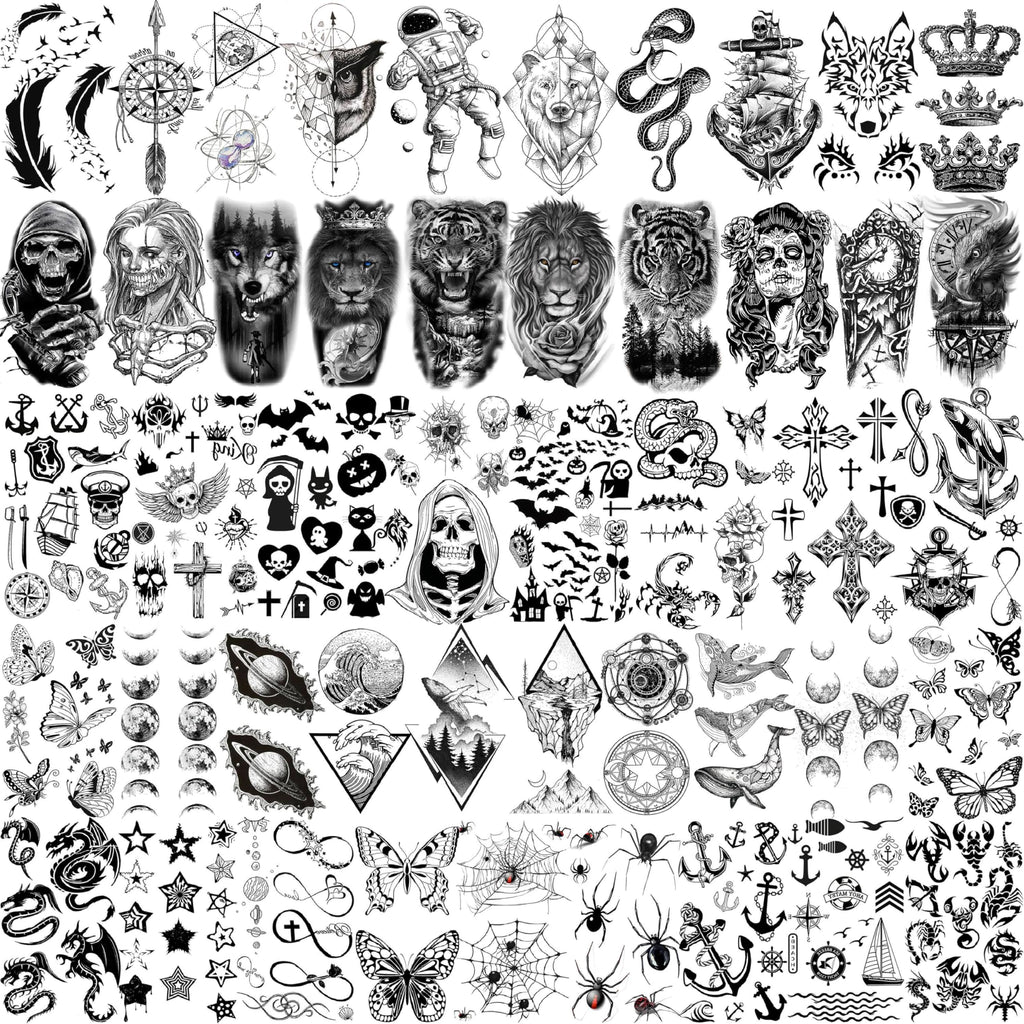 EGMBGM 52 Sheets Tiny Small Temporary Tattoos For Kids Boys Girls, Tribal Animals Butterfly Anchor Compass Tattoo Stickers For Men Women, 3D Cute Flower Fake Face Tatoo Kits Sets For Neck Arm Hands