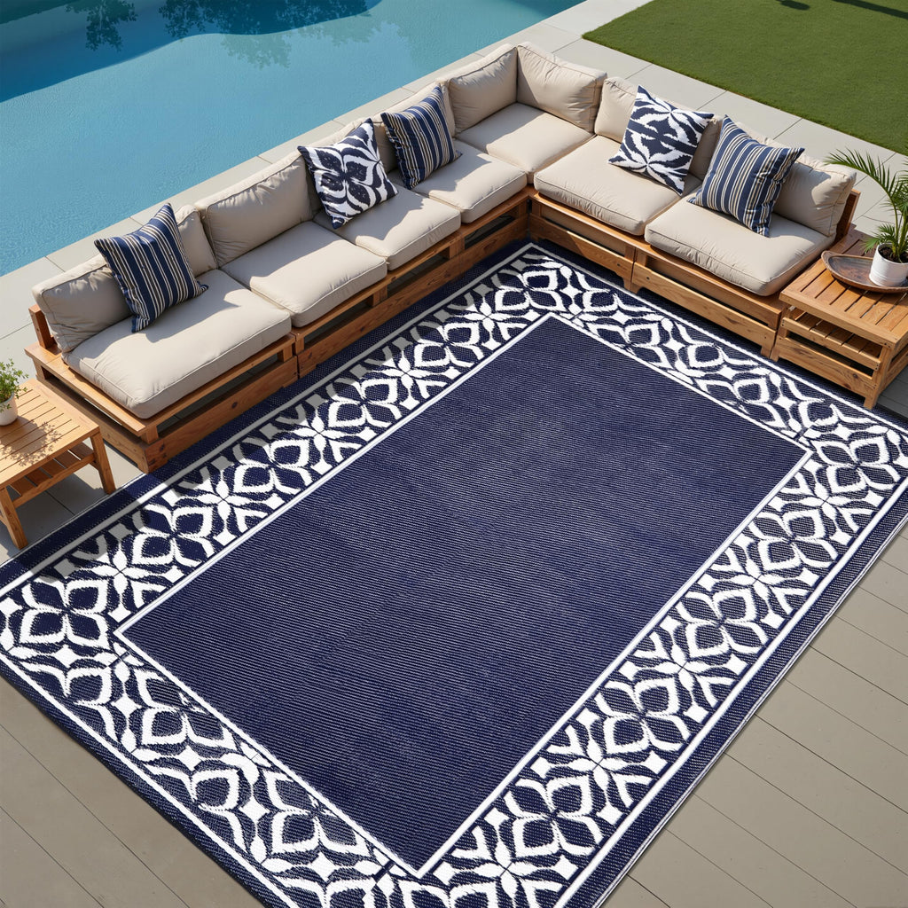 PureCozy Outdoor Plastic Straw Rug Black Beige Large Outside Waterproof Outdoor Patio 5x8 Carpet Geometric Reversible Mat Modern for Camping RV Porch Deck Balcony Beach
