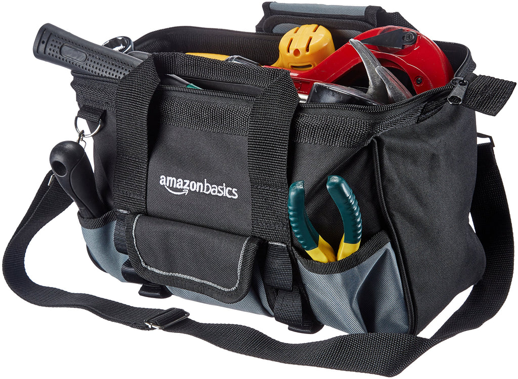 Amazon Basics Durable Wear-Resistant Tool Storage Bag with Adjustable Shoulder Strap, Portable Tool Organizer, 16 Pockets, 12 in, Black & Gray