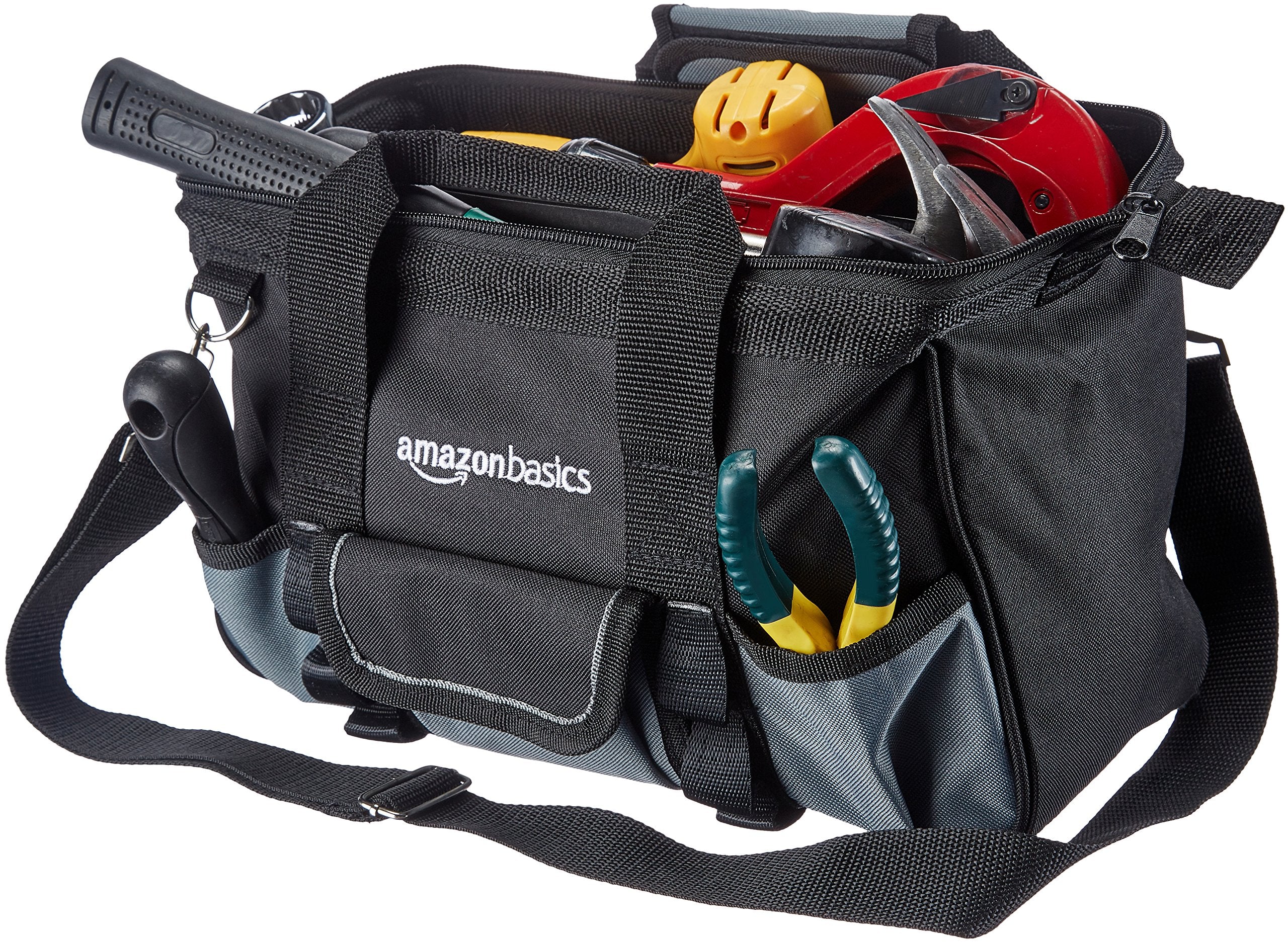 Amazon Basics Durable Wear-Resistant Tool Storage Bag with Adjustable Shoulder Strap, Portable Tool Organizer, 16 Pockets, 12 in, Black & Gray