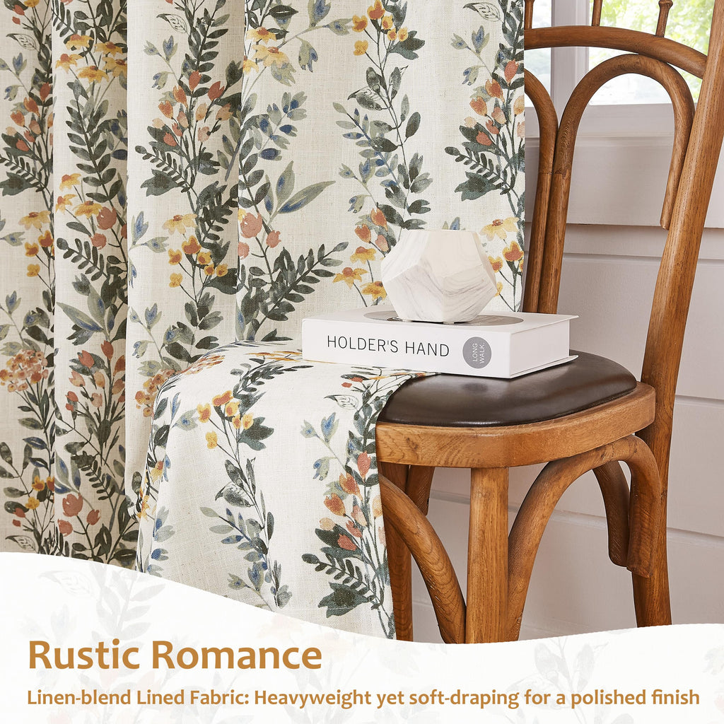 Kayne Studio Pinch Pleated Full Blackout Window Curtain Panels Botanical Floral Boho Leaf Print Country Farmhouse GreenYellow Room Darkening Thermal Insulated Window Treatment Bedroom,40"x84",2 Panels