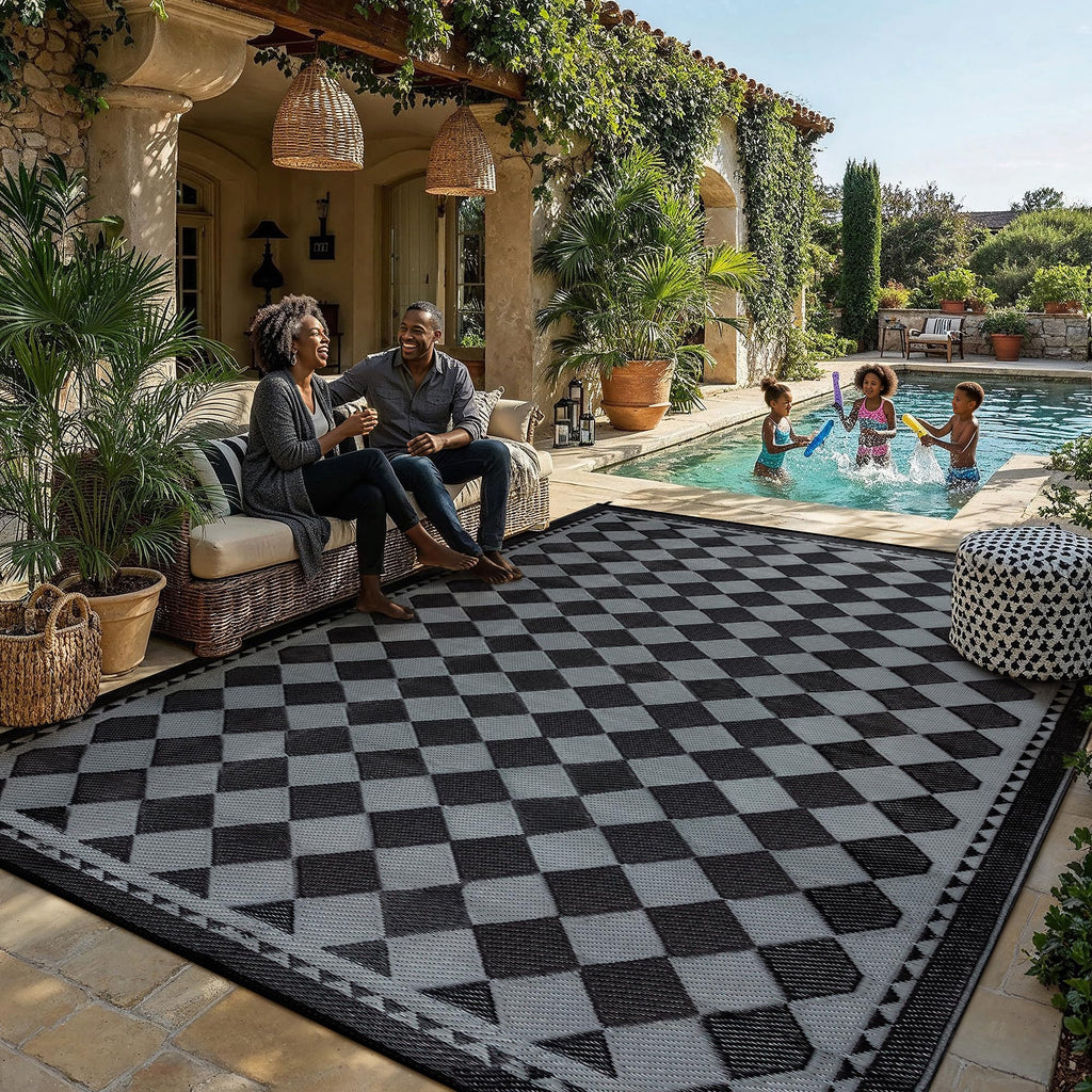 HUGEAR Outdoor Patio Rug 3'x5' Waterproof Outside Area Rugs Blue Reversible Plastic Straw Carpet for RV Deck Camping Entryance Porch Picnic Balcony Beach
