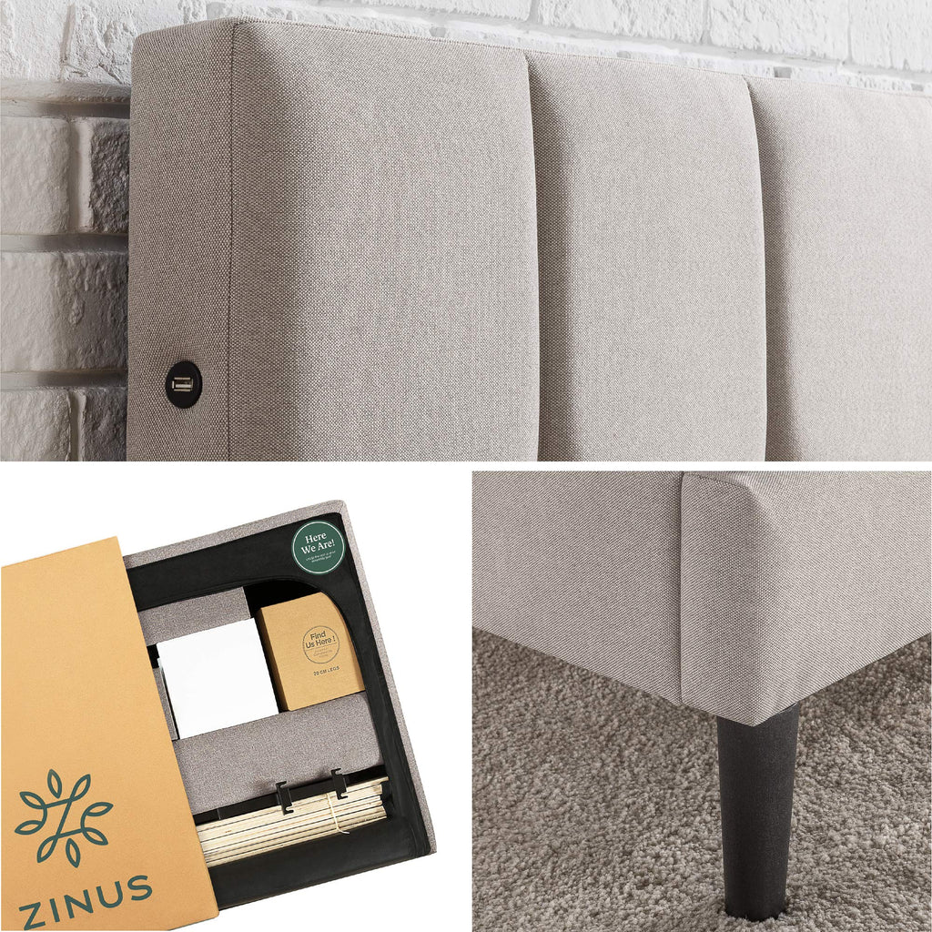 ZINUS Lottie Upholstered Platform Bed Frame with Short Headboard, Mattress Foundation, Wood Slat Support, No Box Spring Needed, Easy Assembly, Beige, Full