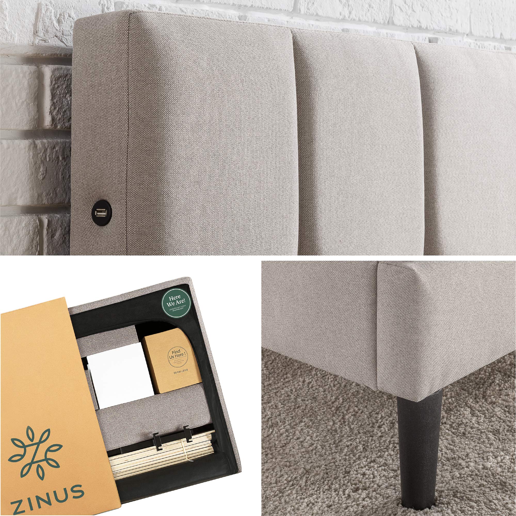 ZINUS Lottie Upholstered Platform Bed Frame with Short Headboard, Mattress Foundation, Wood Slat Support, No Box Spring Needed, Easy Assembly, Beige, Full