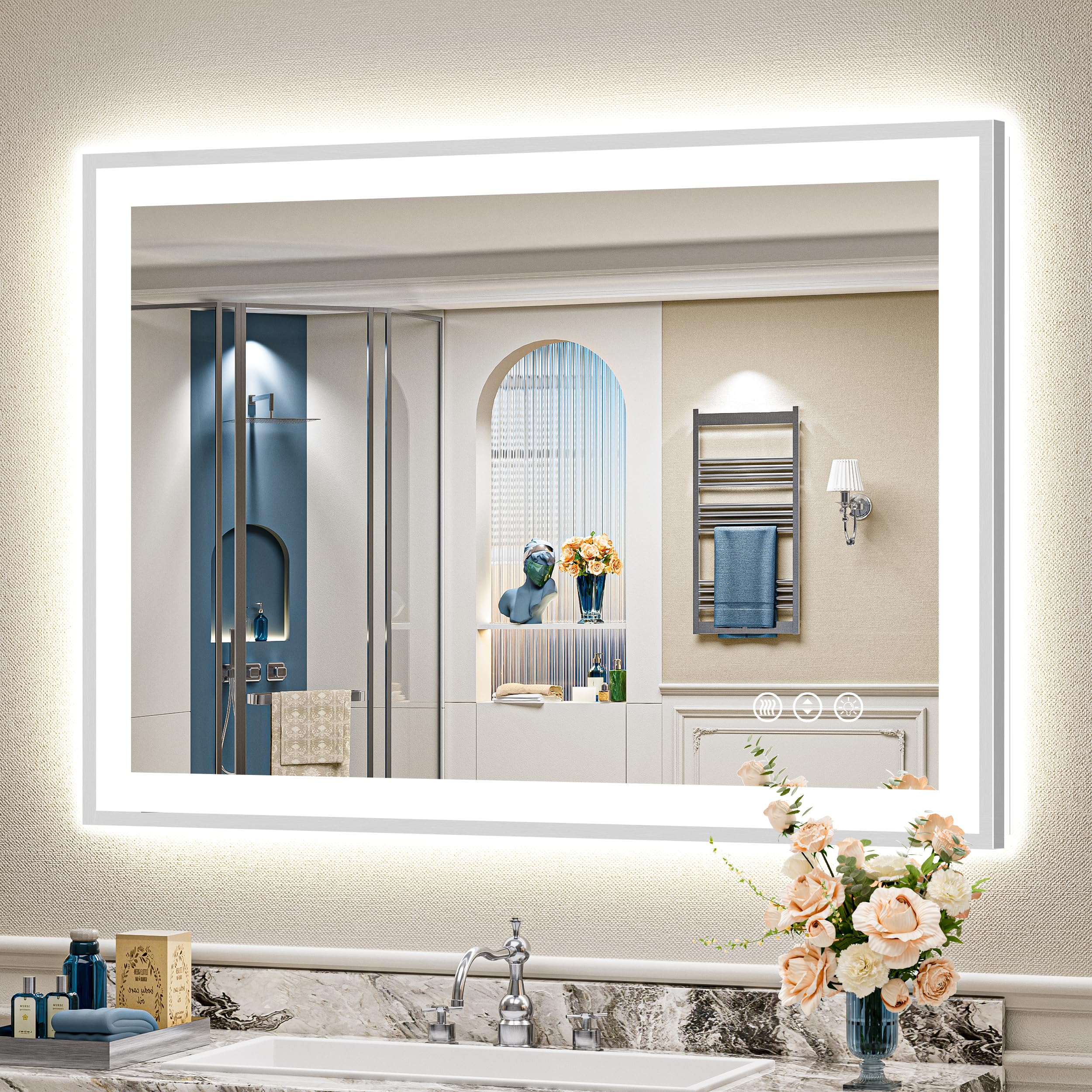 24x32 Black Framed LED Bathroom Mirror with Lights, Backlit and Front Lit Anti-Fog Lighted Vanity Mirrors for Bathroom Wall, Dimmable, 3 Colors, Memory, HD Tempered Glass, Horizontal/Vertical