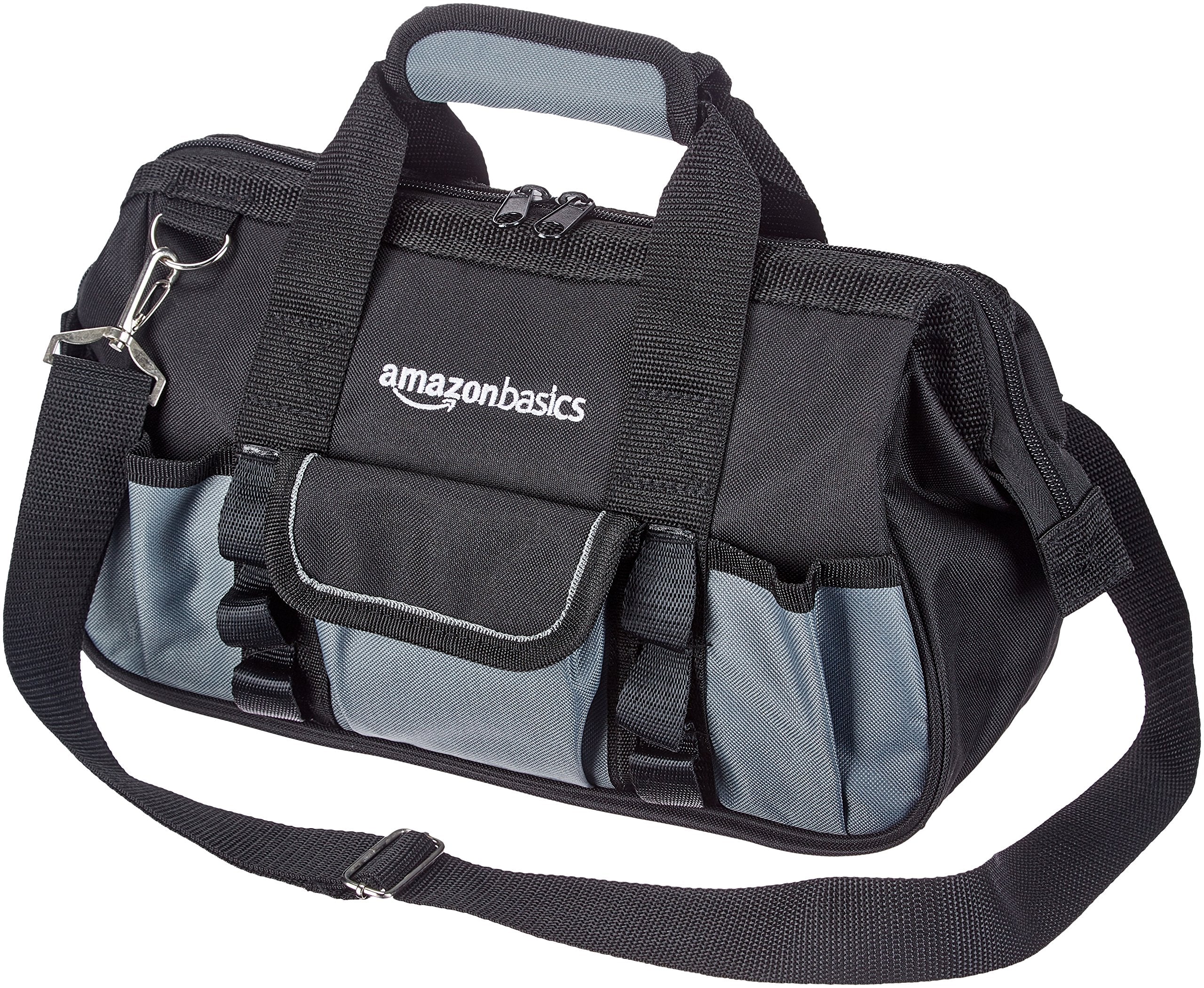 Amazon Basics Durable Wear-Resistant Tool Storage Bag with Adjustable Shoulder Strap, Portable Tool Organizer, 16 Pockets, 12 in, Black & Gray