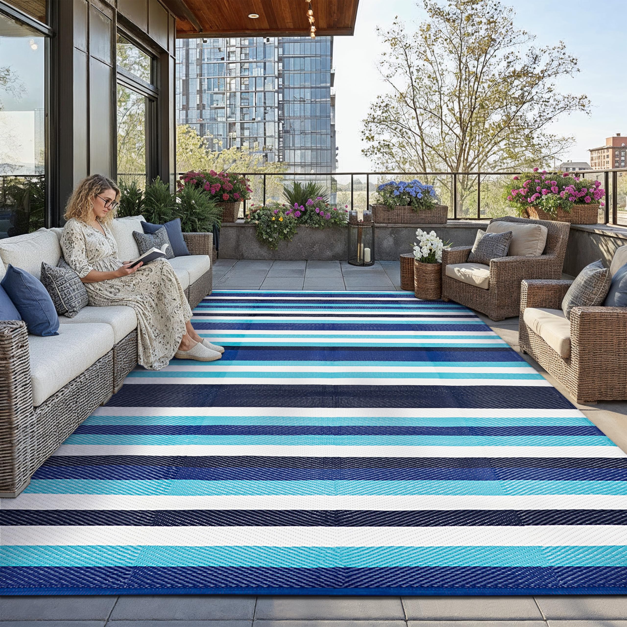 HUGEAR Outdoor Patio Rug 3'x5' Waterproof Outside Area Rugs Blue Reversible Plastic Straw Carpet for RV Deck Camping Entryance Porch Picnic Balcony Beach