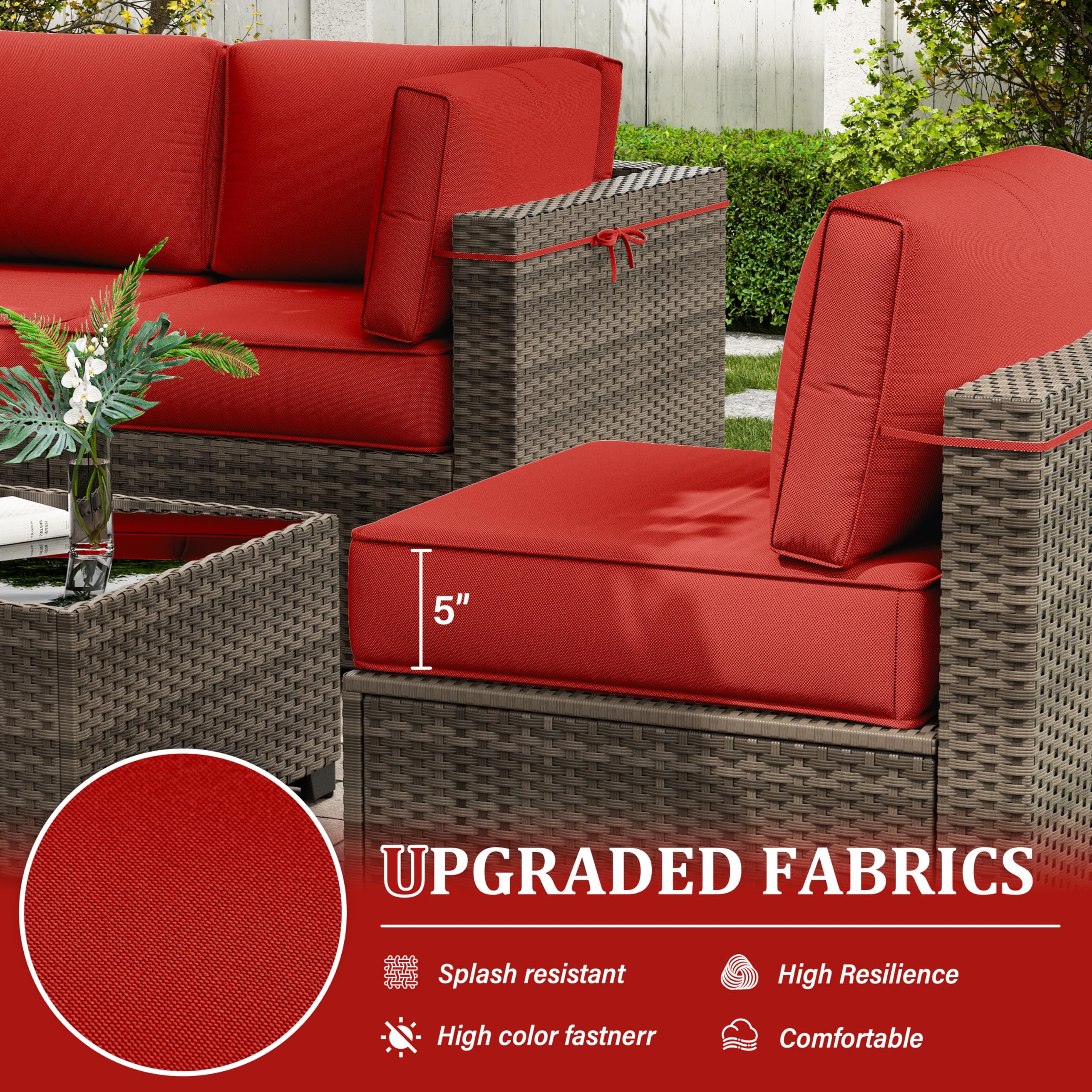 Outdoor Furniture Replacement Cushions, 5" Foam Foam High-Density, Fits 6-seat Sectional Rattan Conversation Set, 14 Piece Patio Water-Resistant Replacement Sofa Cushions, Liner&Cover