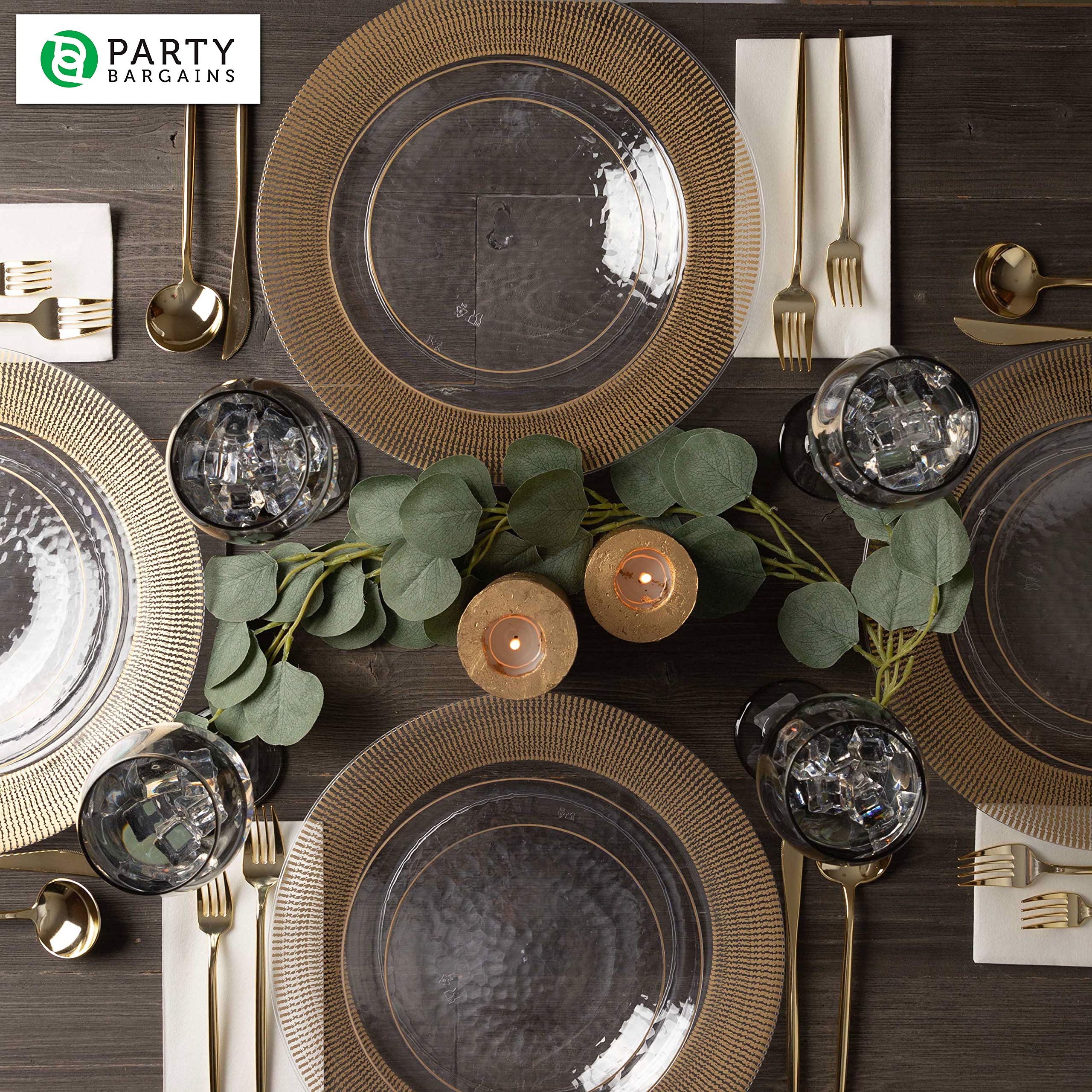 PARTY BARGAINS 13-Inch Charger Plates - 96 Pack, Clear Gold Rim, Heavy-Duty Disposable Chargers for Elegant Dining - Ideal for Weddings and Formal Events