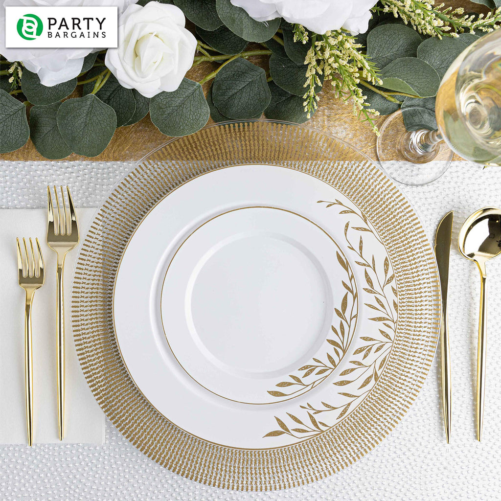 PARTY BARGAINS 13-Inch Charger Plates - 96 Pack, Clear Gold Rim, Heavy-Duty Disposable Chargers for Elegant Dining - Ideal for Weddings and Formal Events
