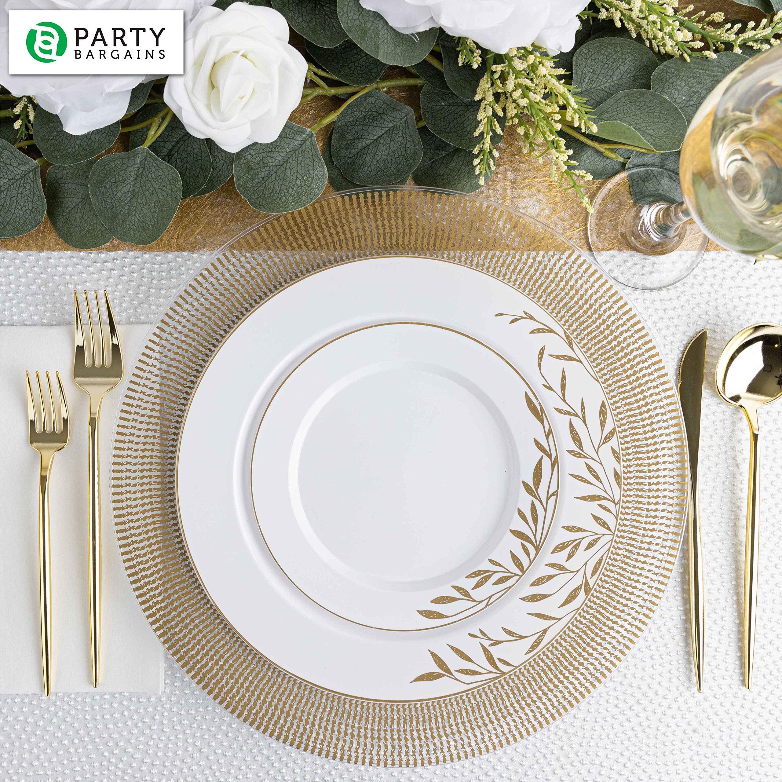 PARTY BARGAINS 13-Inch Charger Plates - 96 Pack, Clear Gold Rim, Heavy-Duty Disposable Chargers for Elegant Dining - Ideal for Weddings and Formal Events